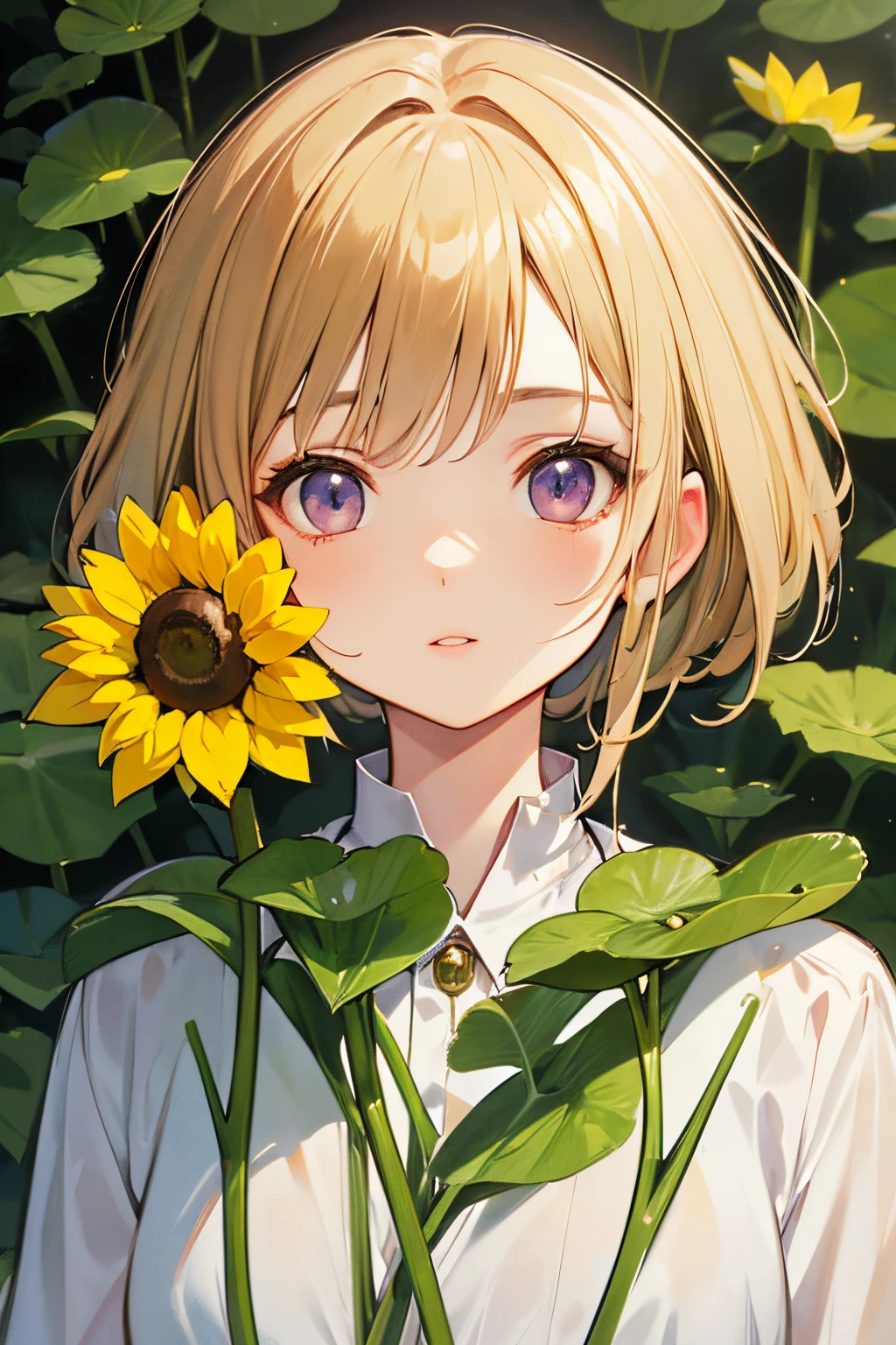(best quality, high-res, masterpiece:1.2), vibrant, detailed lips, detailed eyes, realistic lighting, lesbian, lively, no background, solitary figure, plant-based female, sunflowers, dandelions, tulips, purple, lotus leaves