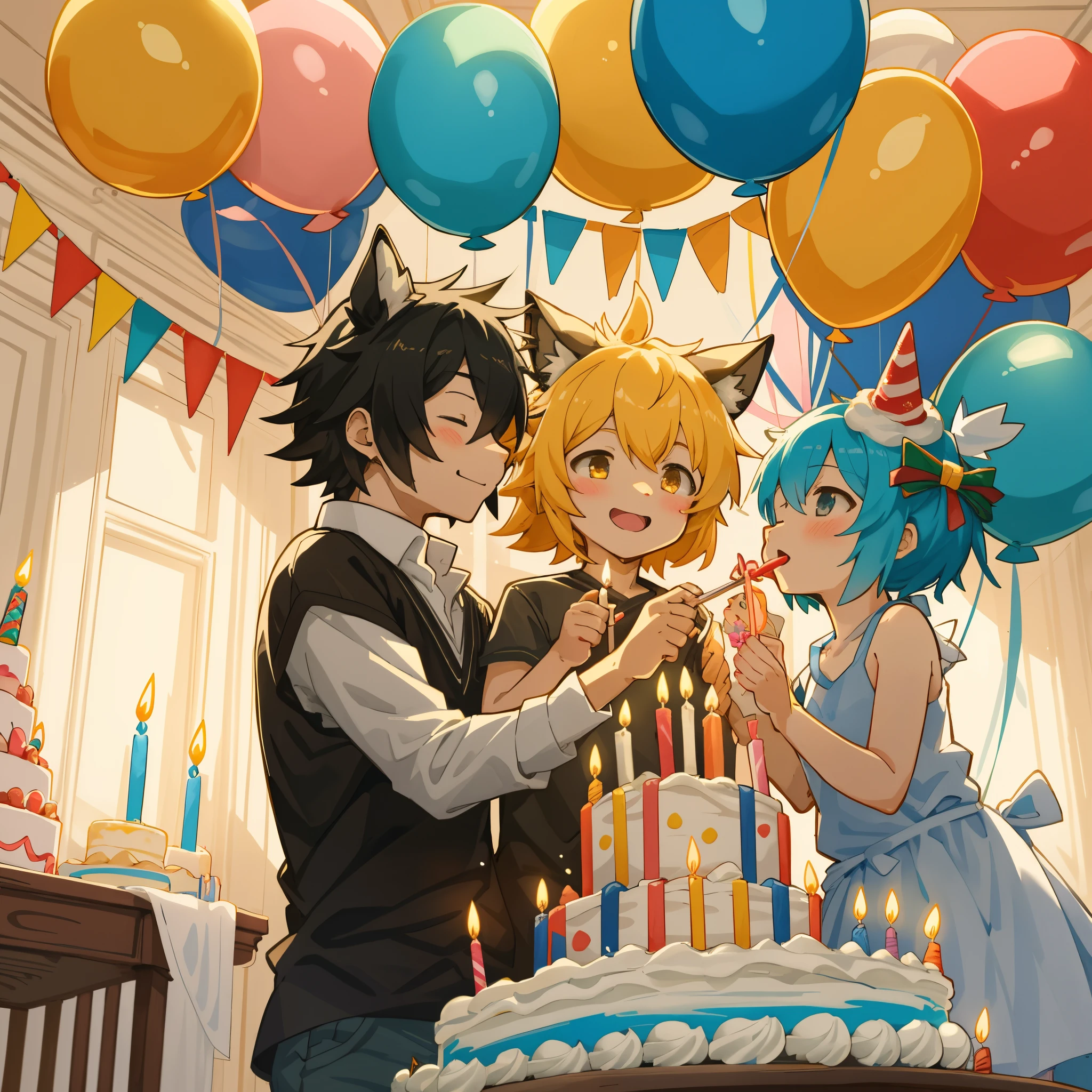 cover page, anime key visual, highres, top quality, best quality, paid reward available, High-quality illustrations, unparalleled masterpiece, perfect artwork, absurdres(A family at a birthday party, child blowing out candles on a birthday cake)(room decorated with balloons and streamers, festive and colorful atmosphere)(kemono parents of diverse descents smiling and clapping)perfect anatomy, cake with candles and colorful icing, joyful and celebratory mood, special family moment, fan-created work shared on platforms Pixiv or Twitter, cinematic lighting, dynamic angle,