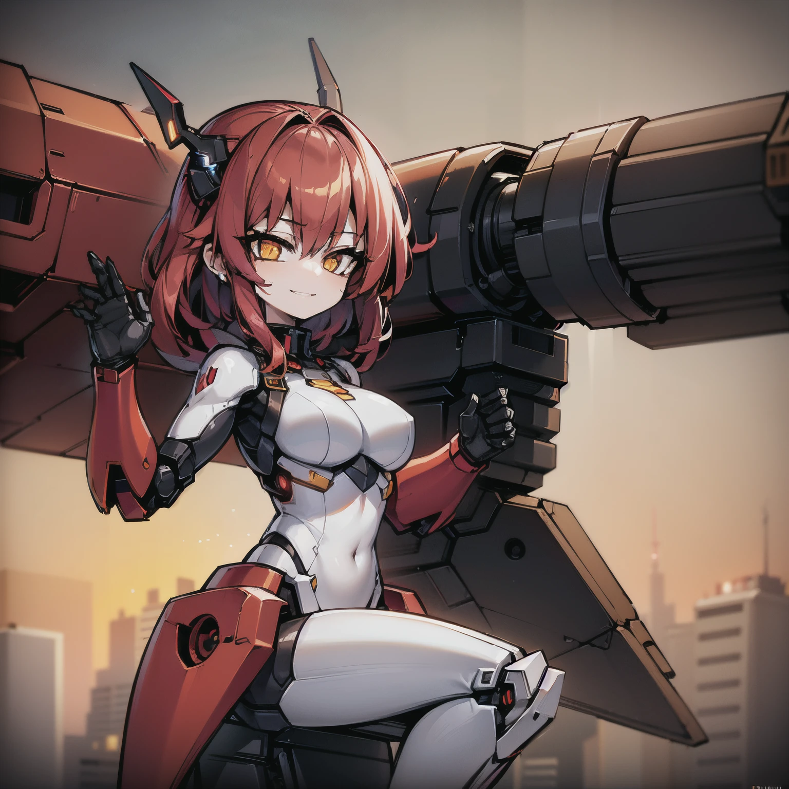 1Girl, red hair, medium hair, yellow eyes, smiling, robot girl, mecha girl, red metal armor, iron wings, holding cyberpunk rifle, robot floating, sunset, orange sky, 4k, masterpiece, HD