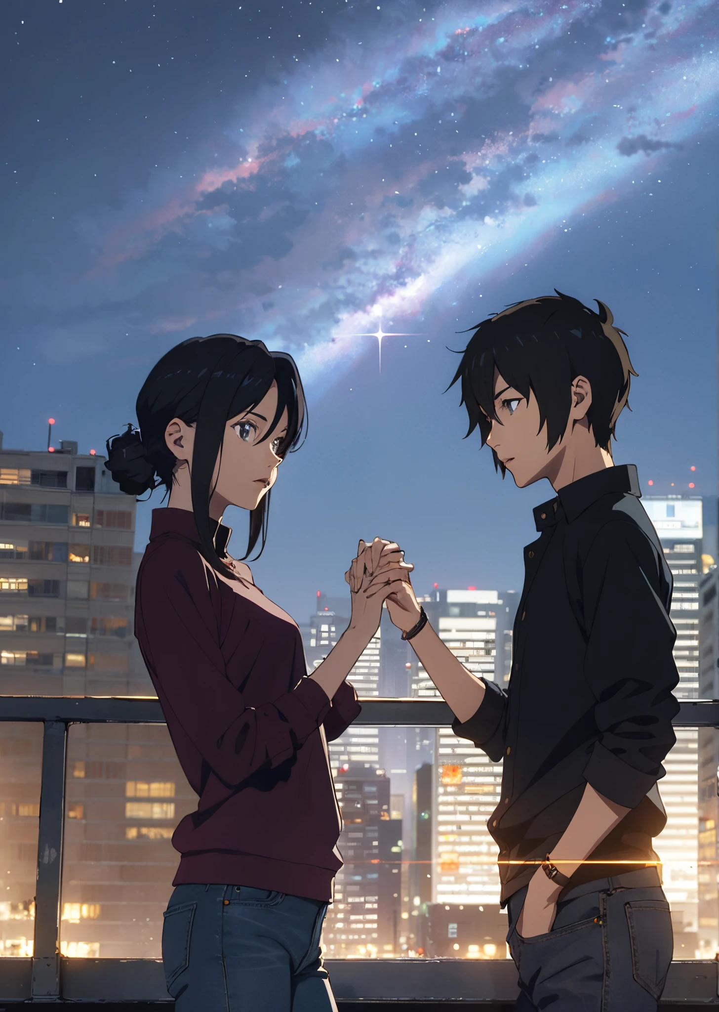 two anime characters touching their hands while looking at each other, they are in a city and at the bottom of the city there is a purple star shining at the top of the sky.  The character on the left is a wolf girl with blue eyes and short black hair, she has ears, a tail and claws in her hands, she wears a burgundy sweatshirt and jeans.  the character on the right is a human boy with purple eyes and very long blue-black hair, he wears a very wide green woolen blouse on his body