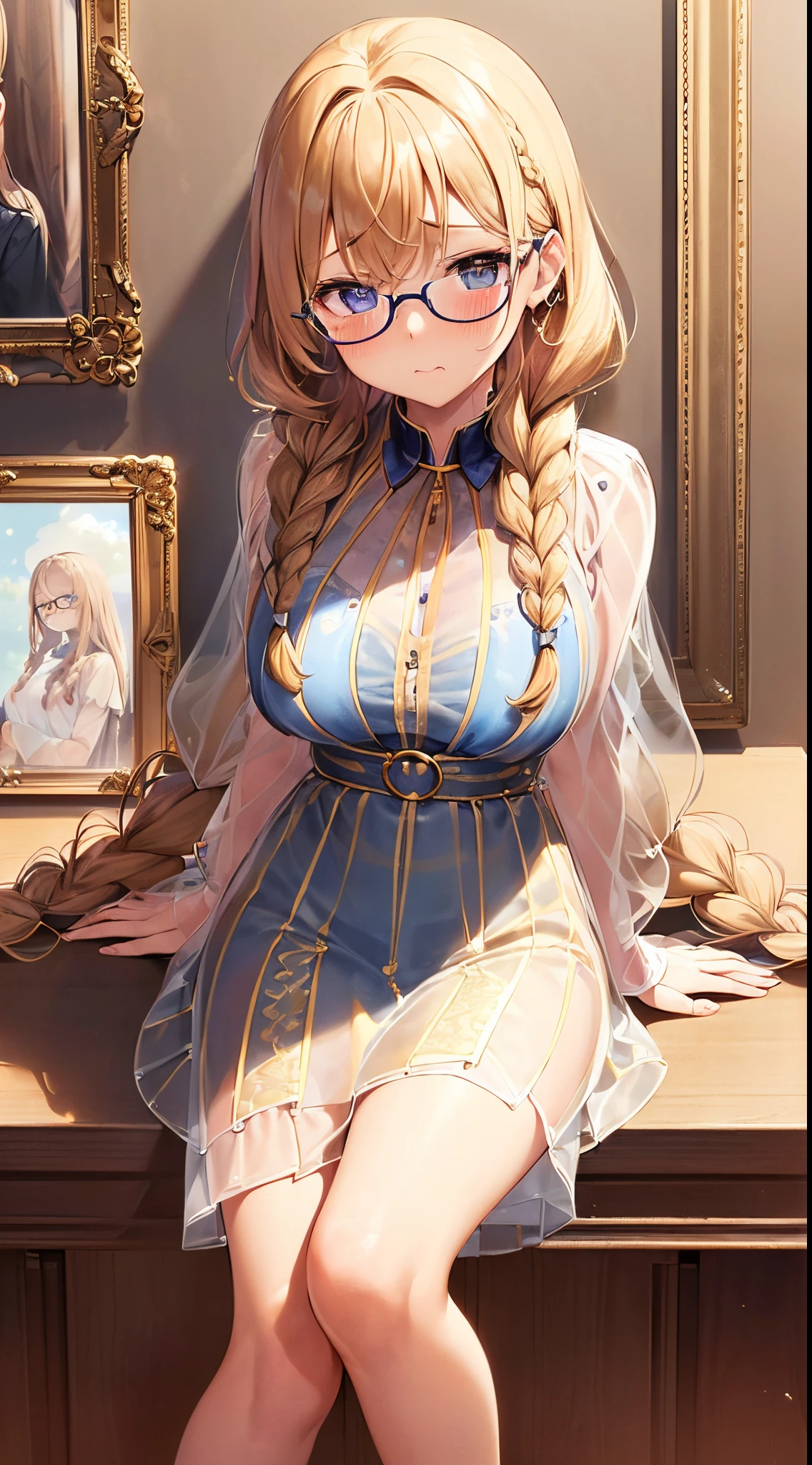 1womanl,Golden head hair, ,((Impatient expression)),Beautiful breasts,thin ,well-styled,,(Facing the front)(((Blushing cheeks、Surprised look)),(((Braids))),((( Portrait from the knee up)))Frameless glasses,Blue eyes,(Bangs are aligned)(((see -through)))((Mouth open))
