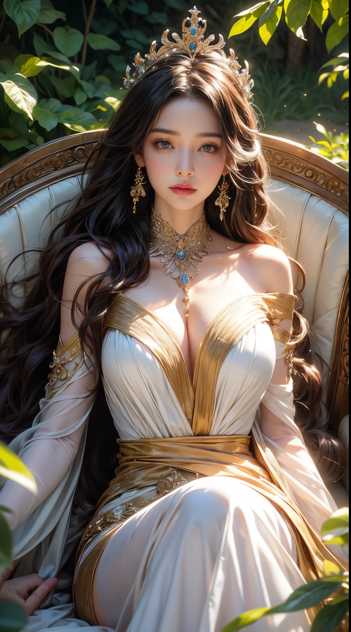 （best qualtiy，4K，8K，A high resolution，tmasterpiece：1.2），hyper-detailing，（realisticlying，realisticlying，realisticlying：1.37），vivd colour，gentlesoftlighting，ellegance，holy and powerful presence，breath taking beauty，Wearing a flowing gown and golden crown，long and flowing hair，Goddess-like features，Ethereal atmosphere，Majestic throne，Gods surround her，sacred aura，Lush gardens，Flowers in full bloom，Quiet and peaceful environment，Dappled sunlight shines through the trees，Nature and goddess live in harmony，Sublime beauty。