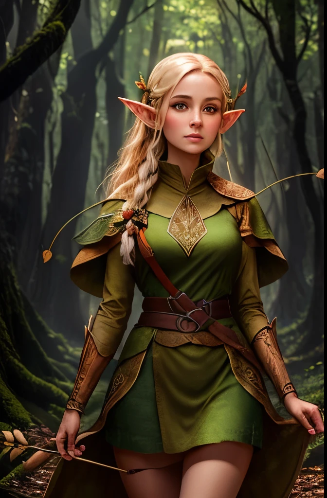 A Woman Elf in a Forest Dressed in a Forest Range Attire with Arrows and a Bow, On A Tree, Perfect Body , Perfect Face, HD