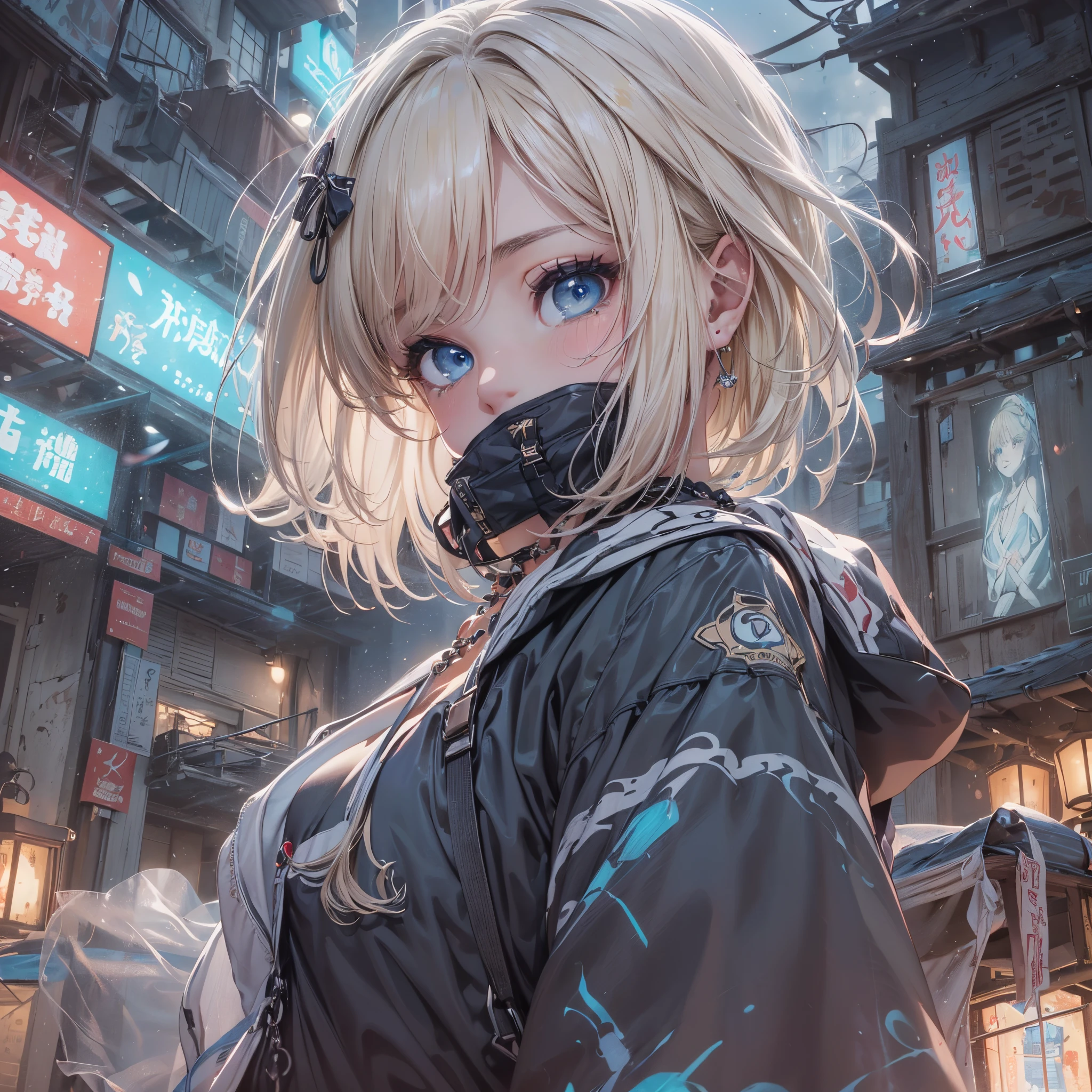 (masterpiece),(top-quality:1.2),1girl in,(masuter piece:1.3),exquisitedetails, Highest quality 8K resolution,Vibrant colors, With warm and gentle lighting,(Smooth straight blonde hair:1.2),(Hair parted in the middle:1.3),(Glowing hair),(Dark blue eyes:1.3),smile with tears in your eyes,White skin, hair clips,Small necklace,
