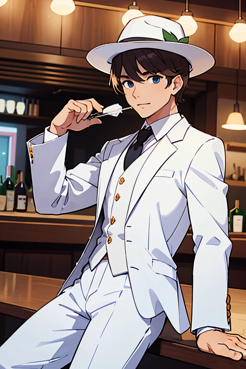 homem, wearing white suit and hat, sentado na mesa, sensual e cativante, roupa branca, bar a beira da estrada, amigos cantando e se divertindo