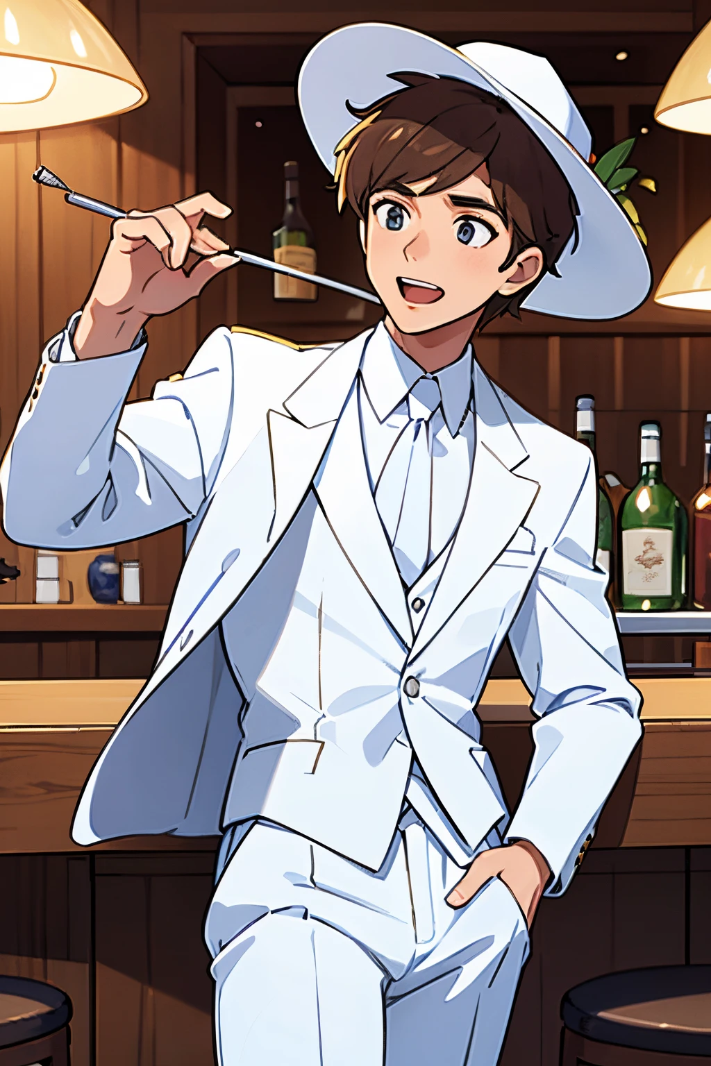 homem, wearing white suit and hat, sentado na mesa, sensual e cativante, roupa branca, bar a beira da estrada, amigos cantando e se divertindo
