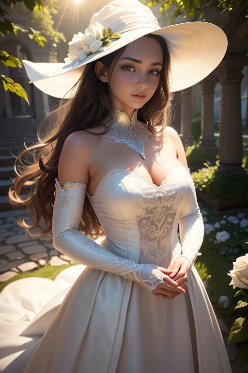 Beautiful young woman witch, the girl's face is illuminated by the bright rays of the sun, The girl is dressed in a white evening dress, The perfect female face of the goddess, Деталь 8k, photo realistic style, sharp-focus, Professional lighting, colorful details, The painting is built according to the rule of the golden ratio, There is a garden of white roses around, full-arm-gloves