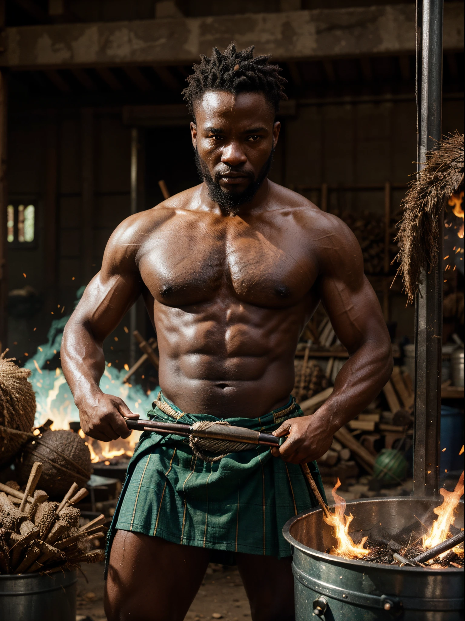 realistic photo, front view, cinematic light, extremely strong black African warrior, bald, in a blue kilt tied with shredded green coconut straws, working in a metal forge, behind a red-hot forge with sparks of fire jumping, fine details, extreme realism, skin texture, vibrant colors,