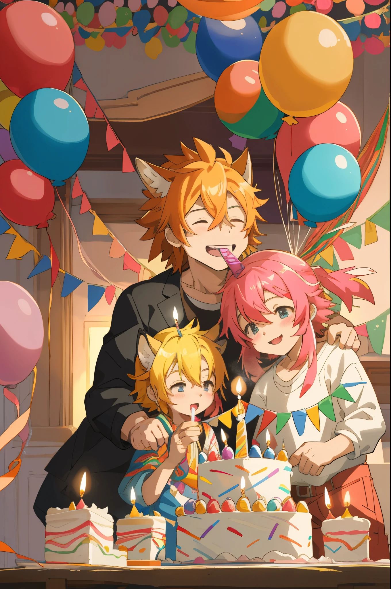2boys, full body, male focus, muscular male, best quality, amazing quality, best aesthetic, party room, absurdres, gay couple, yaoi, uncensored, very nsfw, official style, year 2023, game cg, looking at viewer, happy, looking at viewer, together on picture, yaoi, gay couple, big penis, emphasizing the extraordinary size of pregnant belly, boyslove, birthday hat, (bakugou katsuki), Eijiro Kirishima red riot, boku no hero academia, groping from behind, nipples, penis around them, grin,