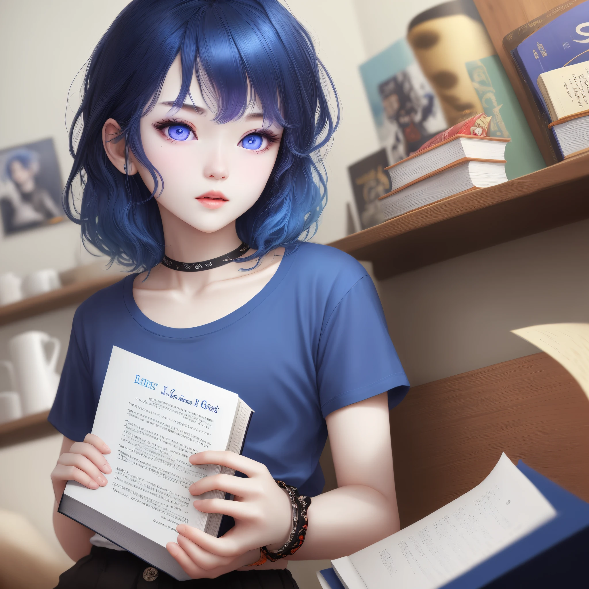Deep blue hair violet eyes white skin blue  t-shirt use black bracelet book on hand strange create