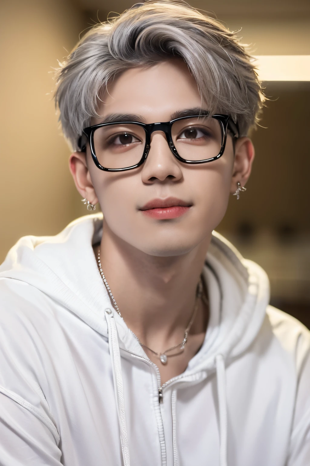 glasses,solo,1boy,male_focus,earrings,jewelry,looking_at_viewer,realistic,smile,upper_body,black-framed_eyewear,shirt,short_hair,artist_name,white_shirt,grey_hair,indoors,white_hair,white_hoodie