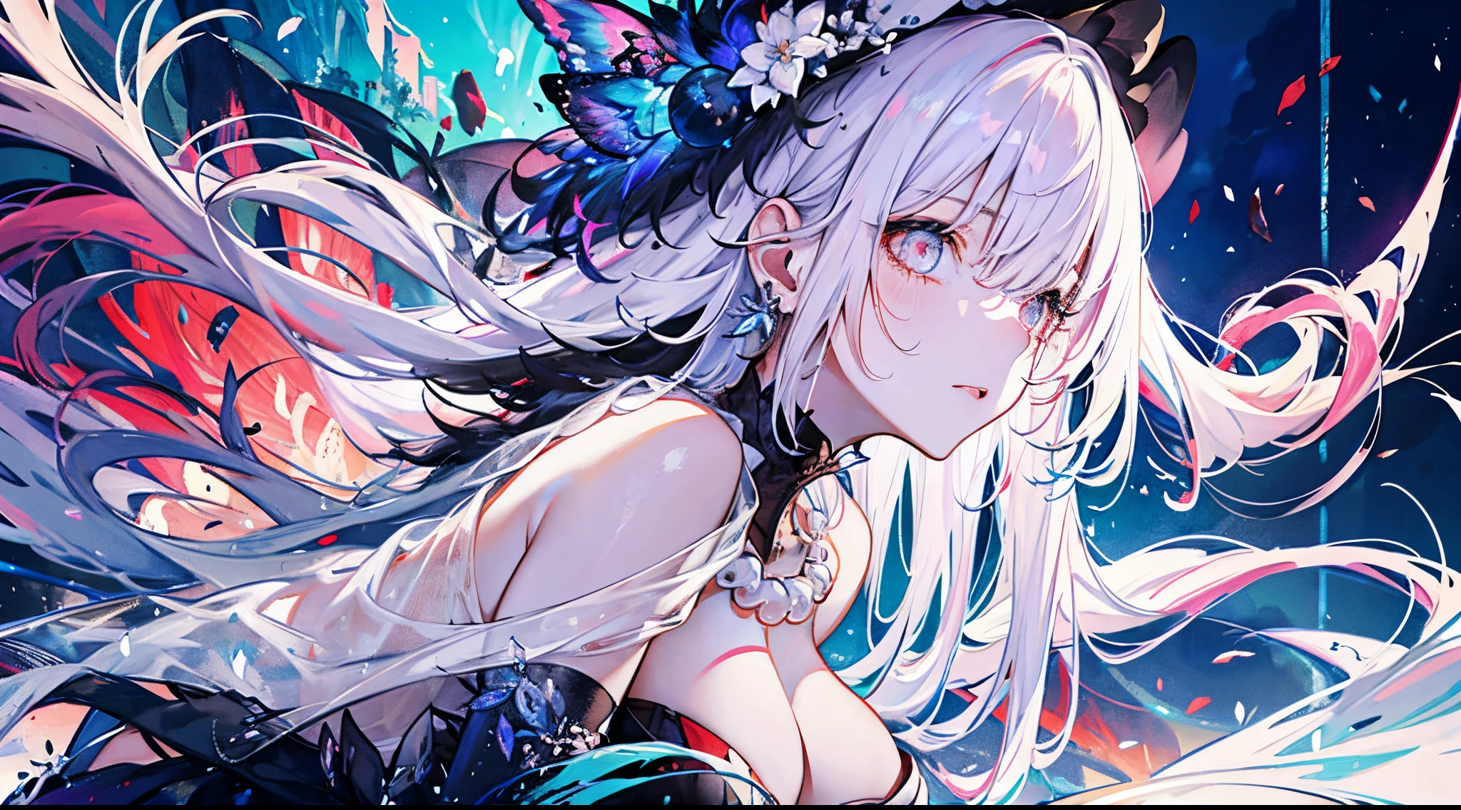 ((tmasterpiece:1.4,Best quality))+,(hyper-detailing)+,(Ultra-detailed eyes)+,(winged ears:1.5),
(cute girls),15year old,(dark red eye:1.15),Long gray hair,dual horsetail,Bushy hair,red hairband(wariza:1.2),pale-skinned,Cold,Serious and depressive,face expressionless
(She wears conservative blue, red and black dress,red pattern,Lots of fluff:1.5),(Black gloves:1.4)The sleeves are long,pearls necklace,Black earrings,merfolk,The corals,Menghua,gem jewelry,Ocean of fish and trees,Red witch hat,Conch headdress,clarinet,sing,fish flocks,Fishbone decoration,Place your hands behind your back,Turn your head forward,
(Fishtail:1.1),
(dawn light:1.2),
(Thick black and white:1.16),(depth of fields:1.4)Complicated details,color mixing,Detailed route,Excellent,super detailing,The content is very detailed,(hight contrast:1.11),ventania,Amazing cleavage,beautidful eyes,messy hair,(best illuminate,Extremely Delicately Beautiful), ((movie light lighting)), (seen from the side:1.3),8K,tmasterpiece,Best quality,cinematic Film still from,1 plump girl,floating in sky,Intertwined clouds,cloud,(Close-up cleavage:1.1),bright,cheerful,Interesting,gentlesoftlighting,(bauhause,shape,line engineering,Abstract:1.1)offcial art, Unity 8k壁纸, ultra - detailed, Beautiful and beautiful, tmasterpiece, Best quality, (dynamic angle:1.4),romantic depth of field exotic_dances,Perfect NwsjMajic,(tmasterpiece,top-quality,Best quality,offcial art,Beauty and aesthetics:1.2),The content is very detailed,rich colourful,highest details,
