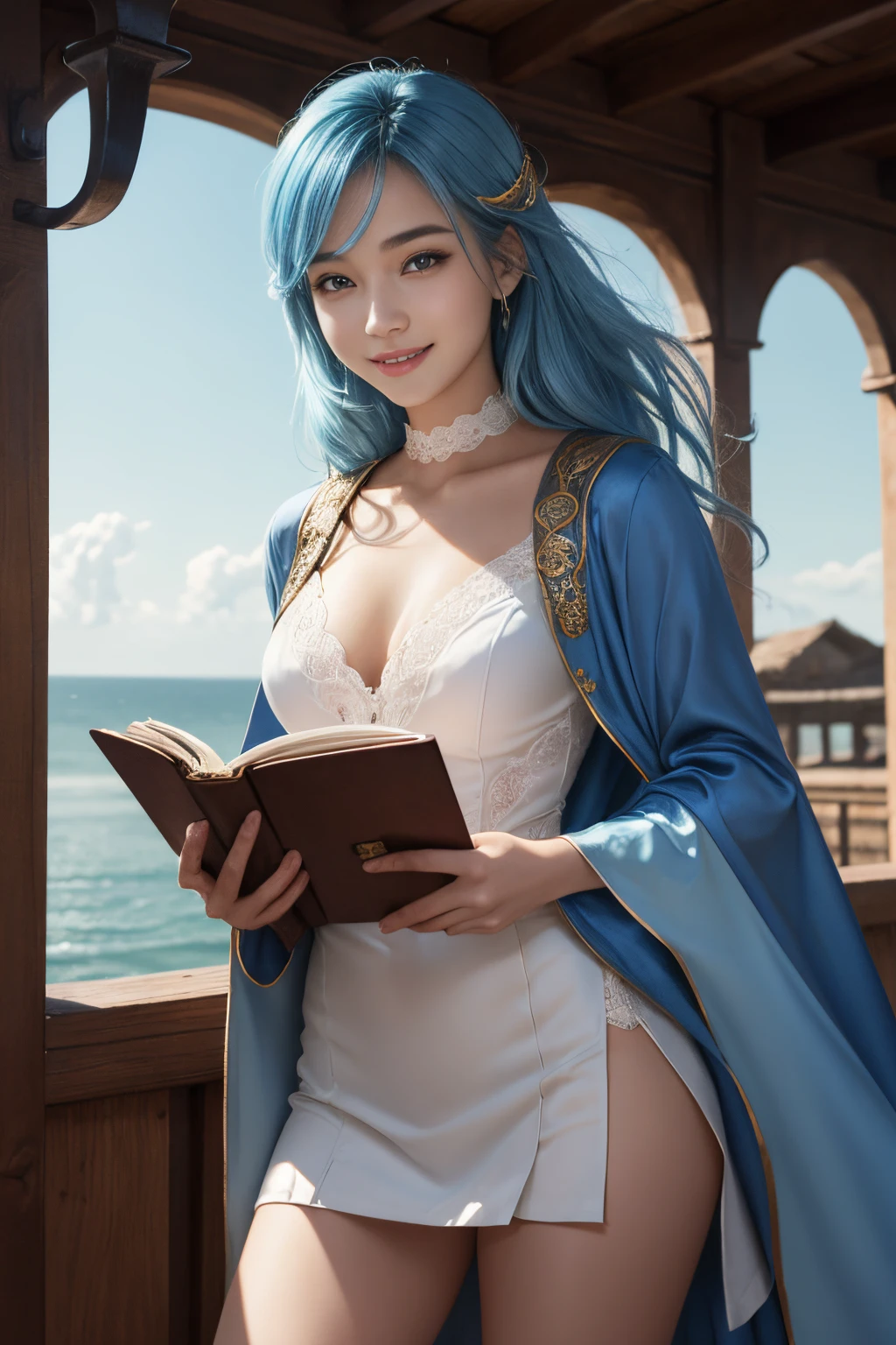 Best Quality、8K、librarian、Silky bare skin、super beautiful ukrainian women、26 year old、fantasy uniform、portlate、light blue hair fluttering in the wind、Holding an open book in your hand、Shiny hair、Smile at me、Eyesight