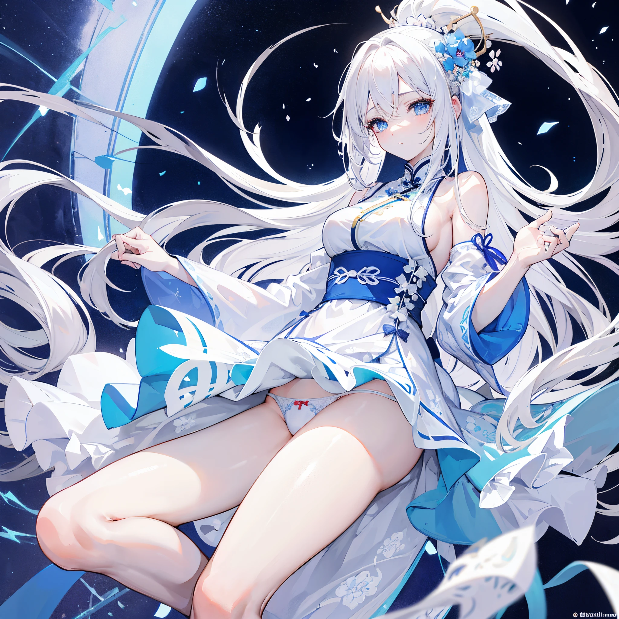 A beautiful anime girl, The long white hair is tied up messily, beautiful flat blue eyes,Not sparkling, White skin of the, White cheongsam,with some blue patterns/patterned, Bare legged, Wear white panties under the cheongsam, 8K, A high resolution, Good anatomy,spread their legs,lifting up skirt