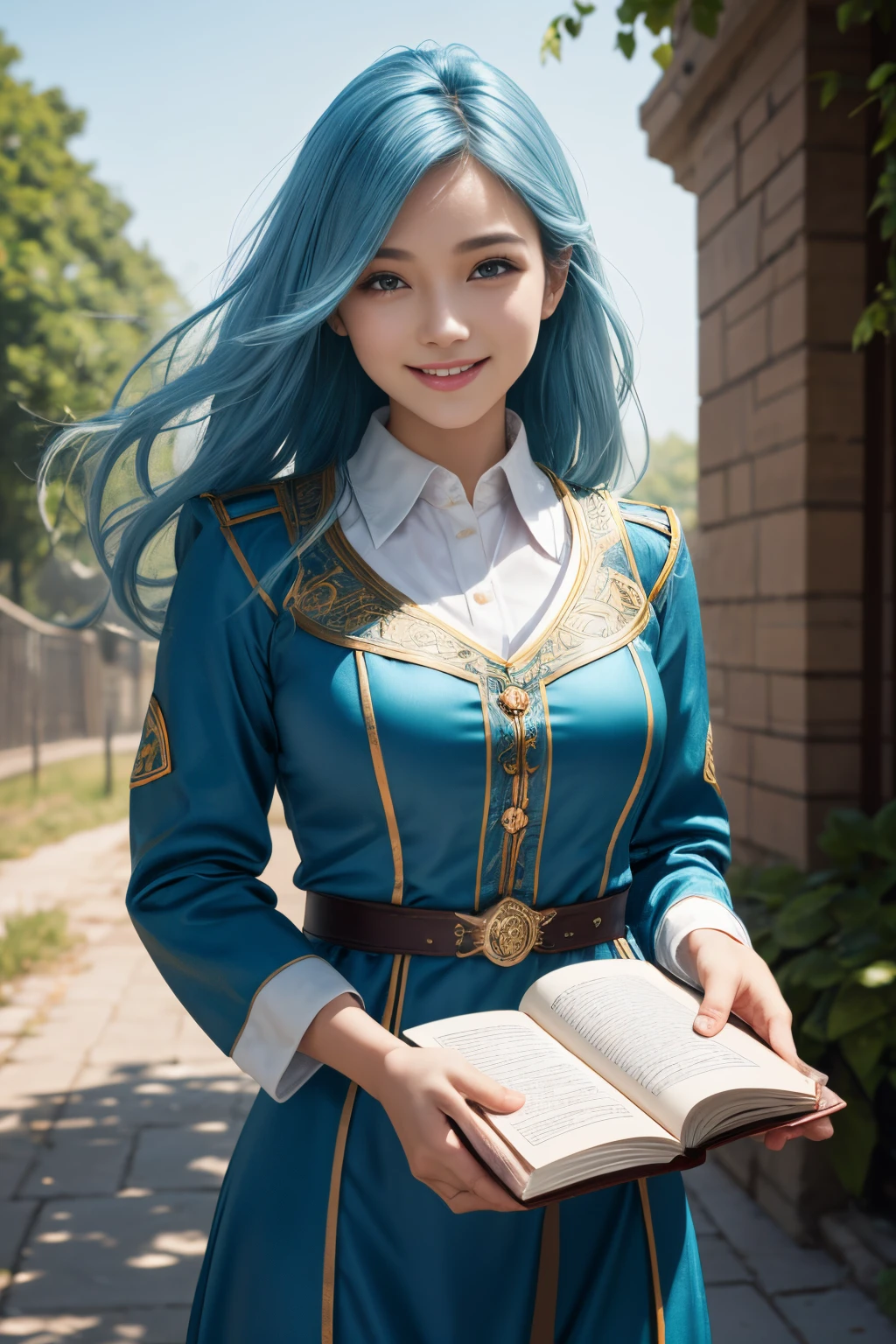 Best Quality、8K、librarian、Silky bare skin、super beautiful ukrainian women、26 year old、fantasy uniform、portlate、light blue hair fluttering in the wind、Holding an open book in your hand、Shiny hair、Smile at me、Eyesight