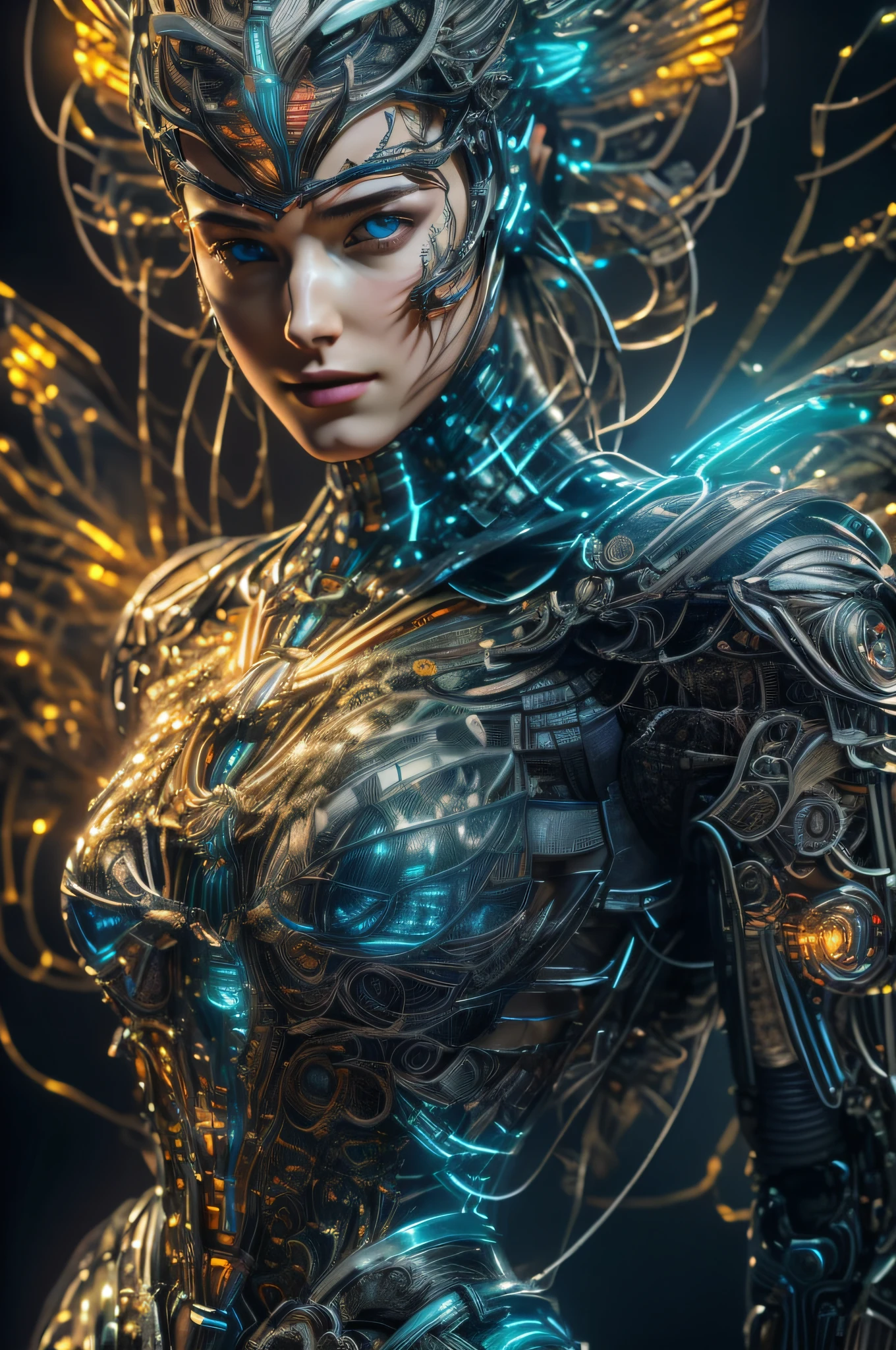 A woman in a futuristic suit with glowing lights on her face - SeaArt AI