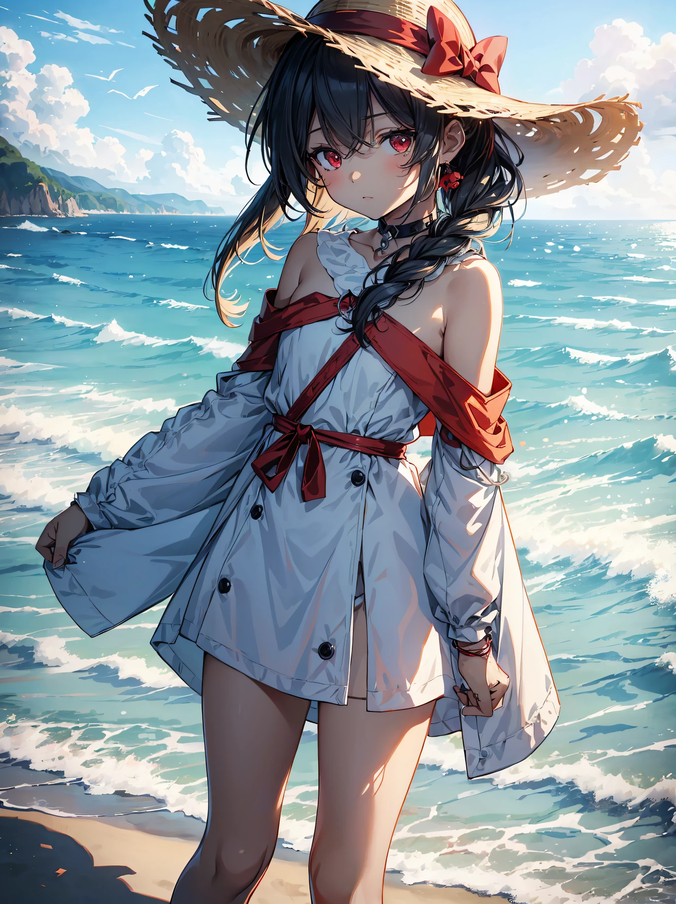 looking back at viewer、tideland、Covered in mud、Tiny thimps、Thighs、Girl、Girl、Younger、Baby Face、flat chest、forehead、Butt、Dynamic Angle、Seaside、Sandy Beach、Glaring、sunlight、Both eyes open、Sun hat