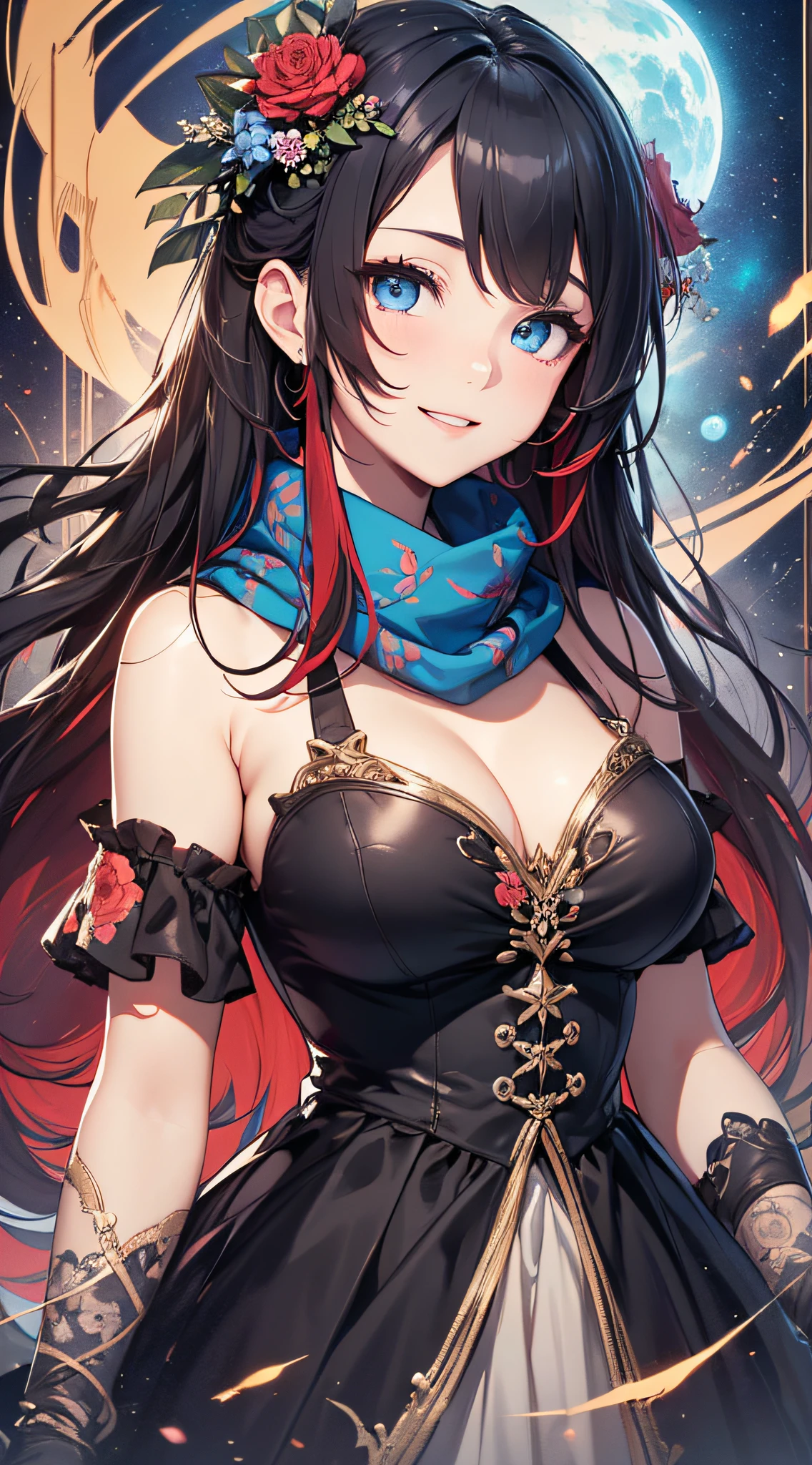 top-quality、Top image quality、​masterpiece、girl with((、teen ager、cute lit Bust、big bast,Beautiful blue eyes、Breasts wide open, Dark hair、red hairs、Longhaire、A slender,Large valleys、,Black floral dress、A smile、blue scarf、Black wristband)),hiquality、Beautiful Art、Background with((Large space)))、,masutepiece、visualart、depth of fields、