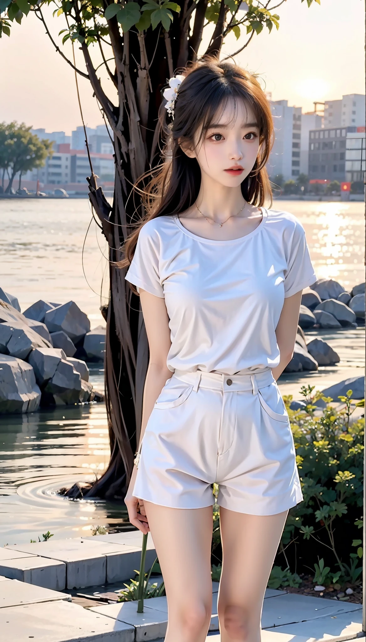 in focus, Full Body Photo (FLS), FHD, 1080P, 2K, 4K, 8K, Mind-bSoft illuminationlowing Details, Unfathomable, Leica camera, Full Length Shot (FLS), cute, Golden Ratio, Soft illumination, absorbing. Super detailed, extremely detailed, beautiful and meticulous girl, 1 girl, (perfect female figure), full body, t-shirt, shorts, long legs, no breasts.