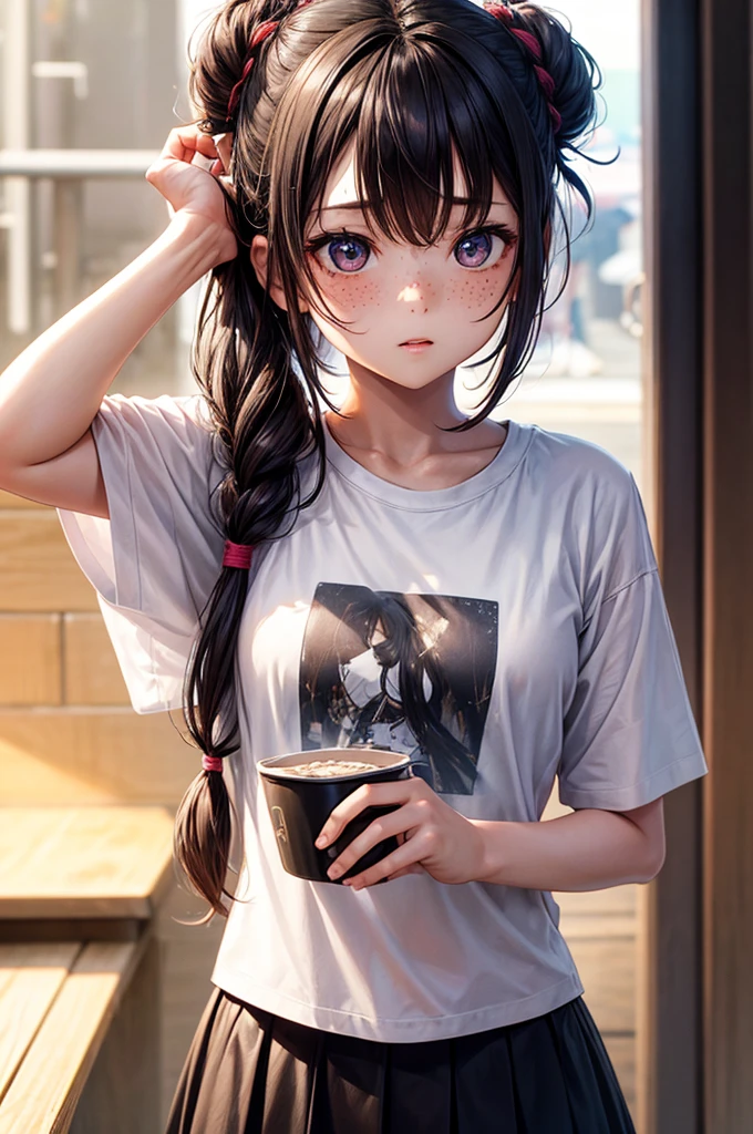 1girl in, Idol, close-up, 鎖骨, ,, Photo, movie, depth of fields, Skin Texture, T-shirt, rubber band, topknot, Long hair, hair messy, freckle,