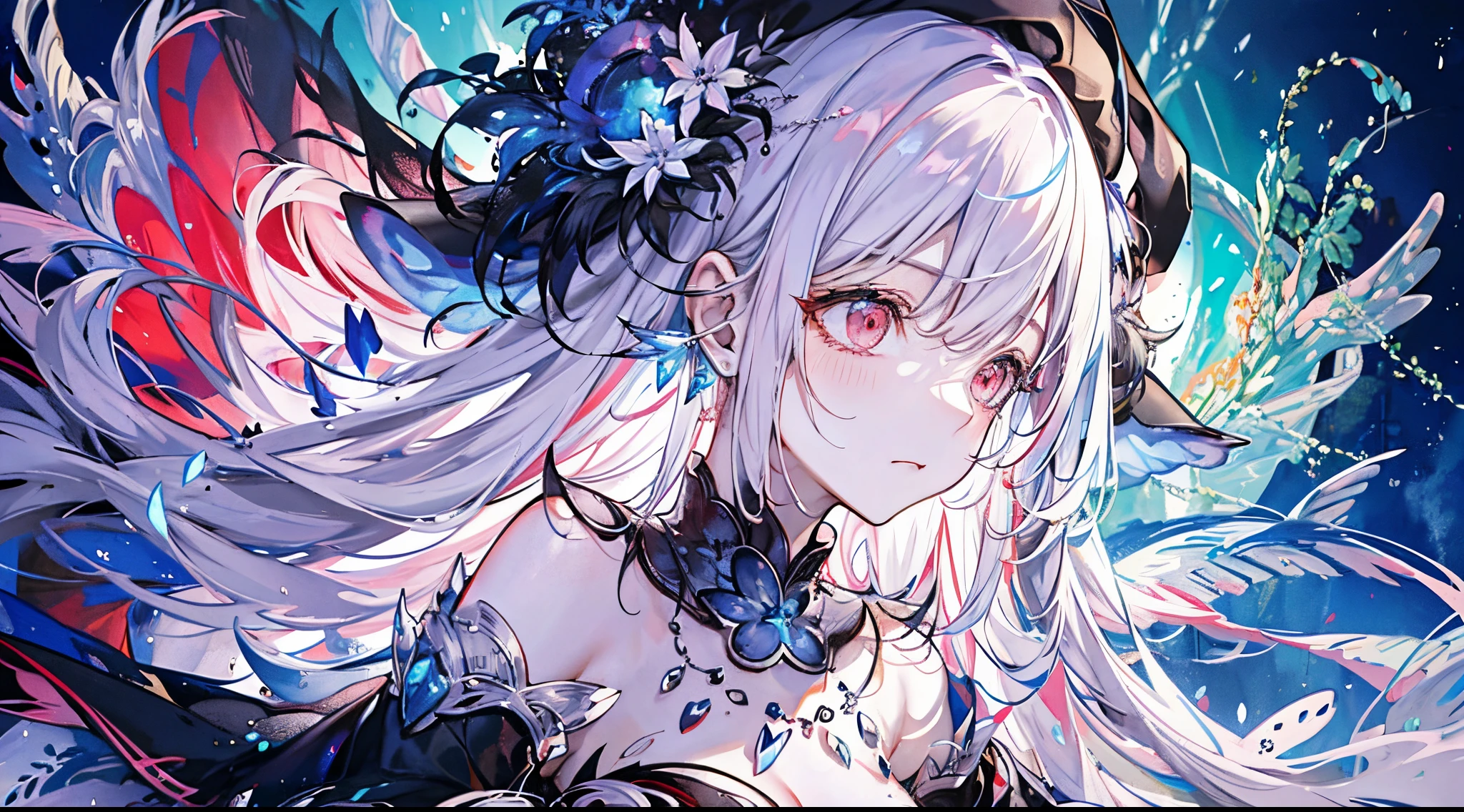 ((tmasterpiece:1.4, Best quality))+, (hyper-detailing)+, (Delicate red eyes:1.5)+, (Detailed ears:1.5), (cute girls), (The shirt,black long dress:1.5), ??????????? silk, Very long hair, (Blue flowers:1.2), pale-skinned, (white cloth:1.5), (Black Martin boots:1.4), dark city,Black dead trees around, The air filled with thick fog,Mechanicalweapon, delicate legs, Red butterfly,foamy,Huge celestial bodies,Crystal mine,ashes,(warriors:1.1), (dawn light:1.2), ), (closeup cleavage:1.1), the only person, bell, bright blue hair, hair covering one eye, V-shaped eyebrows, Gloom (Expressing the), from back, from the above, Best quality, A high resolution, high detal, high high quality, 16k