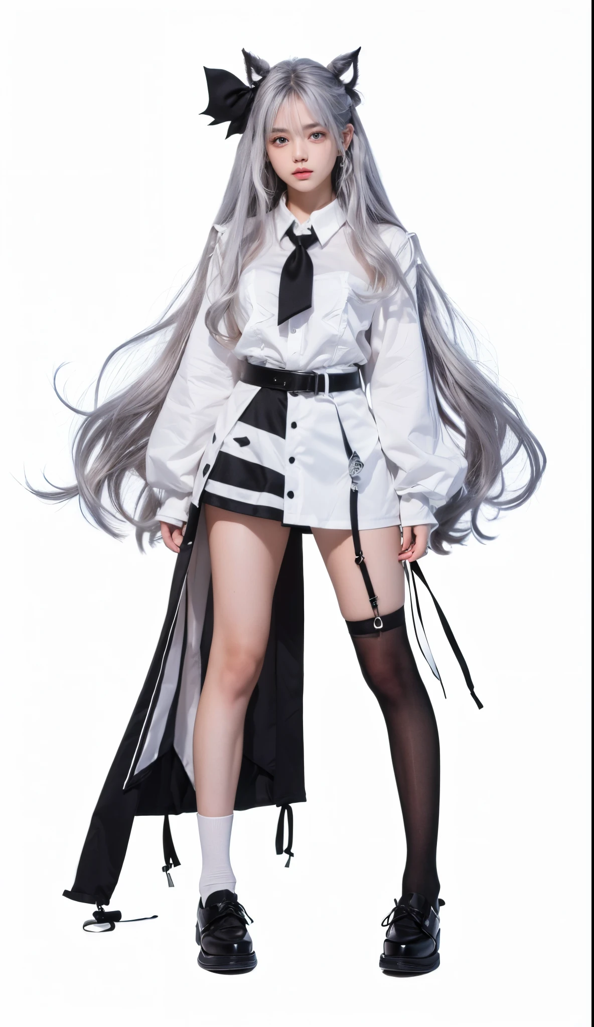 (8k, RAW photos, top quality, masterpiece: 1.2), (realistic, photorealistic: 1.37), (High Quality), (Ultra realistic), (High Details), (Face detail), (Shadow Detail), (16yo), 1 girl, solo, silver hair, white shirt, black shoes, vestia zeta