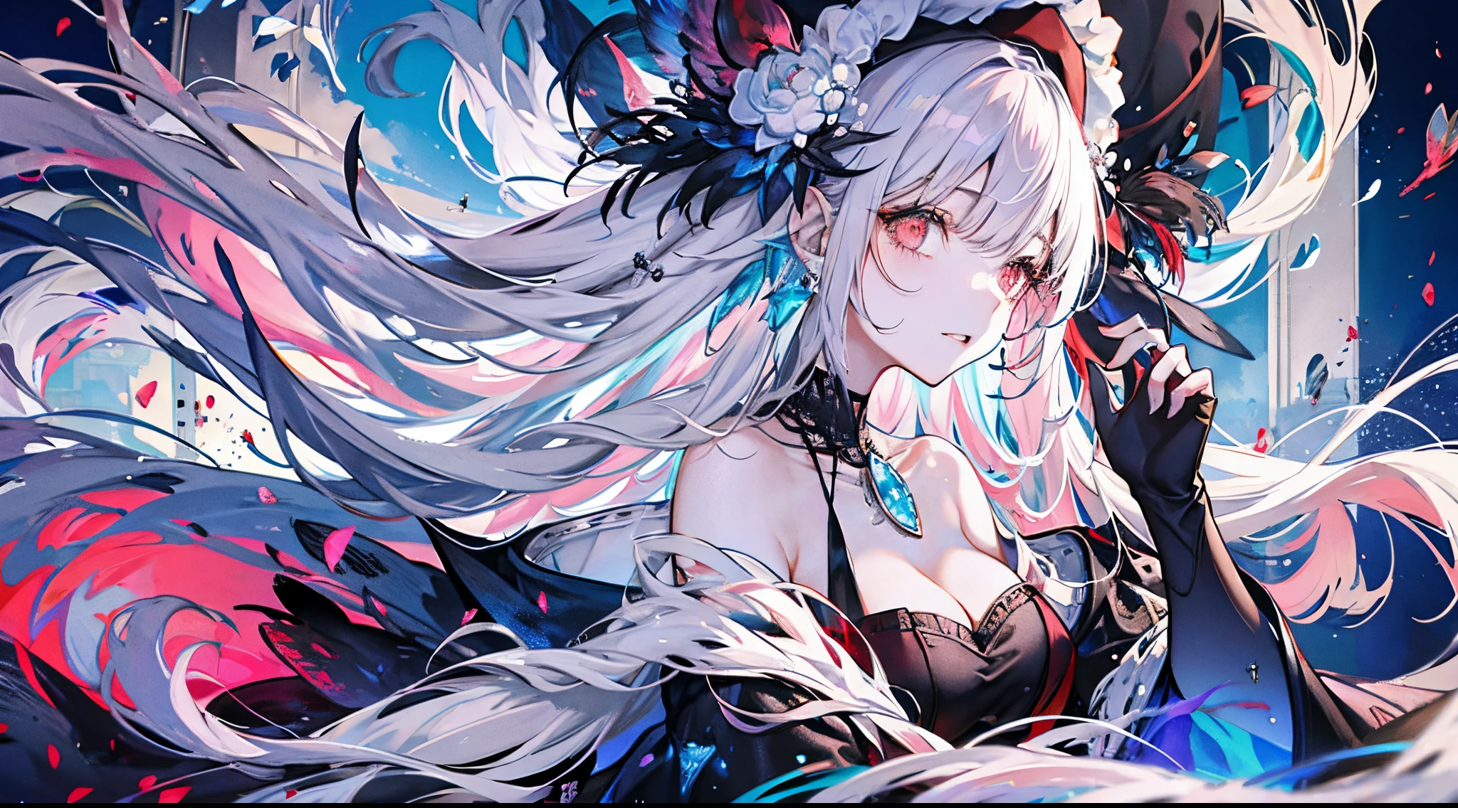 ((tmasterpiece:1.4,Best quality))+,(hyper-detailing)+,(Ultra-detailed eyes)+,(winged ears:1.5),
(cute girls),ar old,(dark red eye:1.15),Long gray hair,dual horsetail,Bushy hair,red hairband(wariza:1.2),pale-skinned,Think hard,ssmile,bloods,blood stain
(She wears conservative blue, red and black dress,red pattern,Lots of fluff:1.5),(Black gloves:1.4)The sleeves are long,pearls necklace,Black earrings,merfolk,The corals,Menghua,gem jewelry,Ocean of fish and trees,Huge white witch hat,Conch headdress,blue lips,fish flocks,Fishbone decoration,Place your hands behind your back,Turn your head forward,
(Fishtail:1.1),
(dawn light:1.2),
(Thick black and white:1.16),(depth of fields:1.4)Complicated details,color mixing,Detailed route,Excellent,super detailing,The content is very detailed,(hight contrast:1.11),ventania,Amazing cleavage,beautidful eyes,messy hair,(best illuminate,Extremely Delicately Beautiful), ((movie light lighting)), (seen from the side:1.3),8K,tmasterpiece,Best quality,cinematic Film still from,1 plump girl,floating in sky,Intertwined clouds,cloud,(Close-up cleavage:1.1),bright,cheerful,Interesting,gentlesoftlighting,(bauhause,shape,line engineering,Abstract:1.1)offcial art, Unity 8k壁纸, ultra - detailed, Beautiful and beautiful, tmasterpiece, Best quality, (dynamic angle:1.4),romantic depth of field exotic_dances,Perfect NwsjMajic,(tmasterpiece,top-quality,Best quality,offcial art,Beauty and aesthetics:1.2),The content is very detailed,rich colourful,highest details,