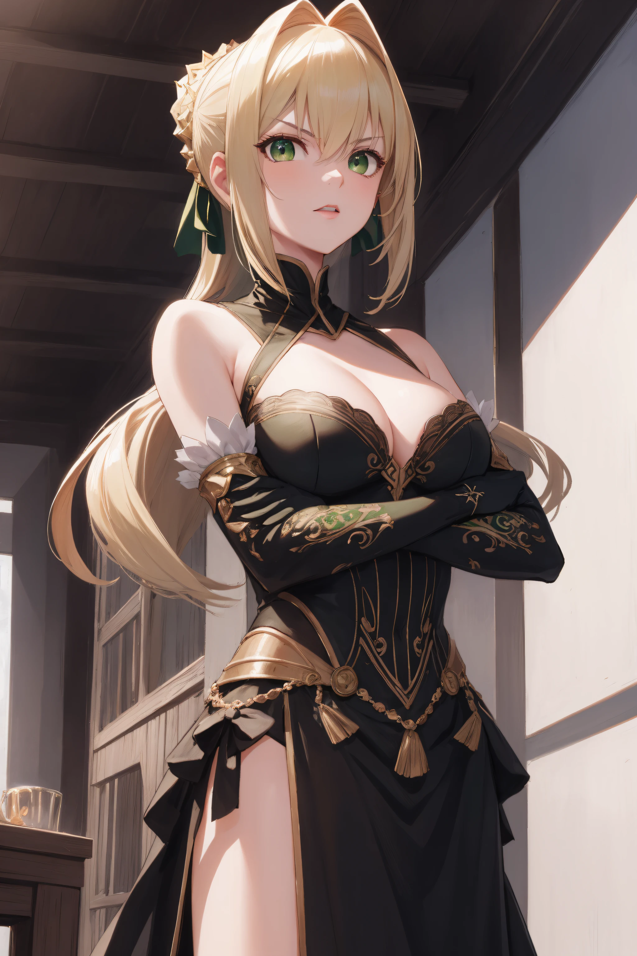 1girl,fgonero, nero, ahoge, blonde hair, (green eyes:1.5), hair between eyes,hair intakes,
BREAK black long dress,bridal gauntlets,jewelry,bare shoulders, cleavage, detached sleeves,elbow gloves,collarbone,
BREAK looking at viewer,standing ,(from below:1.2),(crossed arms:1.2),angry,
BREAK indoors, classroom,
BREAK (masterpiece:1.2), best quality, high resolution, unity 8k wallpaper, (illustration:0.8), (beautiful detailed eyes:1.6), extremely detailed face, perfect lighting, extremely detailed CG, (perfect hands, perfect anatomy),