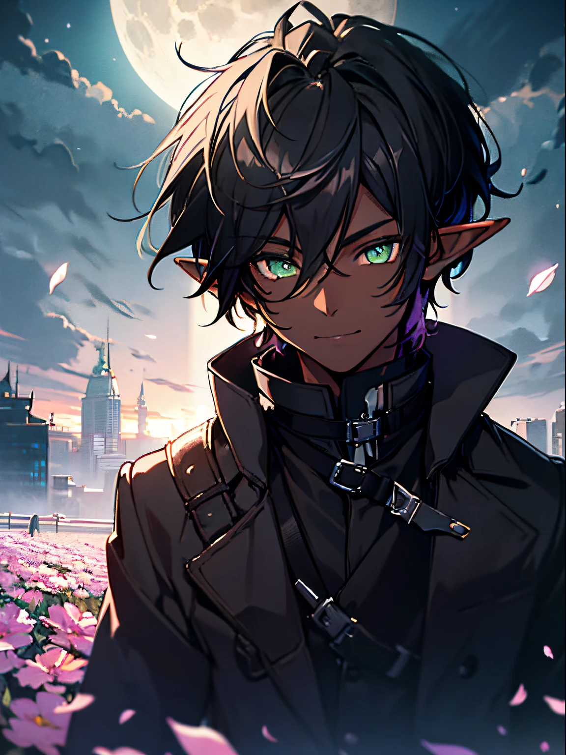 masterpiece, best quality, ((1boy)), (colorful),(finely detailed beautiful eyes and detailed face),cinematic lighting,bust shot,extremely detailed CG unity 8k wallpaper,white hair,solo,smile,intricate skirt,((flying petal)),(Flowery meadow) sky, cloudy_sky, building, moonlight, moon, night, (dark theme:1.3), light, fantasy, ((Dark Skin)) ((green Eyes)) ((Elf Ears)) (((Black Overcoat))) (((Black Hair))) ((Black Fox Tail))