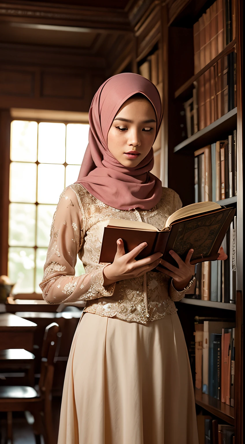 Produce an exceptionally detailed and lifelike scene portraying a young Malay girl, elegantly adorned in a hijab, immersed in a library. Her expression should reflect sheer surprise as magical fairies burst forth from the book she's reading. Strive for impeccable photorealism and an 8K resolution with a dynamic depth of field.