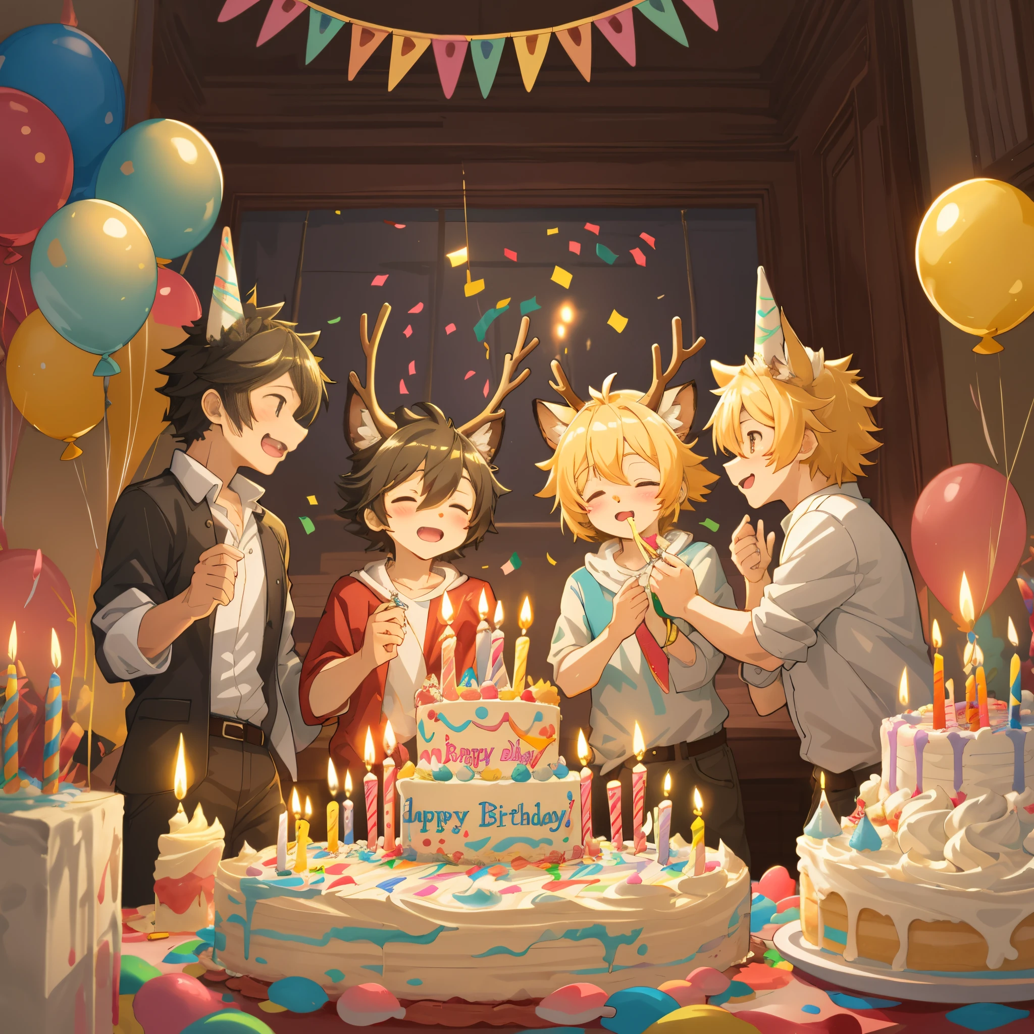 cover page, anime key visual, highres, top quality, best quality, paid reward available, High-quality illustrations, unparalleled masterpiece, perfect artwork, absurdres(A family at a birthday party, child blowing out candles on a birthday cake)(room decorated with balloons and streamers, festive and colorful atmosphere)(kemono parents of diverse descents smiling and clapping)perfect anatomy, cake with candles and colorful icing, joyful and celebratory mood, special family moment, fan-created work shared on platforms Pixiv or Twitter, cinematic lighting, dynamic angle,