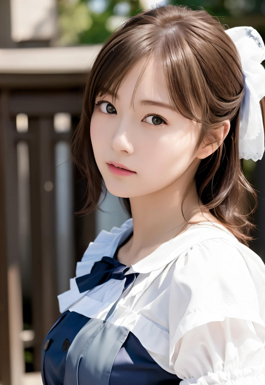 8K, of the highest quality, masutepiece:1.2), (Realistic, Photorealsitic:1.37), of the highest quality, masutepiece, Beautiful young woman, Pensive expression,、A charming、and an inviting look, Cute Maid Clothes, Hair tied back, Cinematic background, Light skin tone
