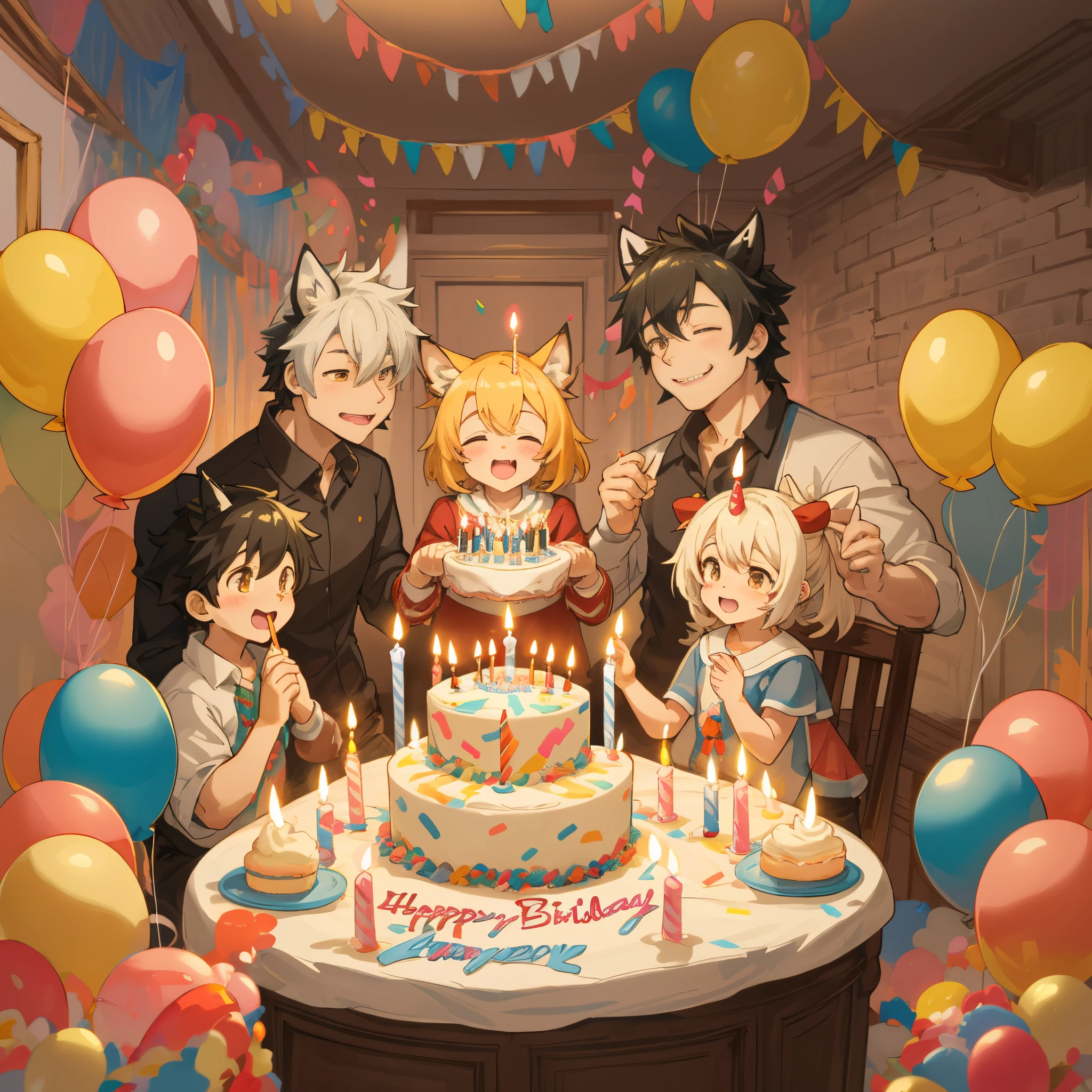 cover page, anime key visual, highres, top quality, best quality, paid reward available, High-quality illustrations, unparalleled masterpiece, perfect artwork, absurdres(A family at a birthday party, child blowing out candles on a birthday cake)(room decorated with balloons and streamers, festive and colorful atmosphere)(kemono parents of diverse descents smiling and clapping)perfect anatomy, cake with candles and colorful icing, joyful and celebratory mood, special family moment, fan-created work shared on platforms Pixiv or Twitter, cinematic lighting, dynamic angle,
