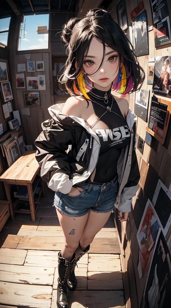 (((8k wallpaper of extremely detailed CG unit:1.2, masterpiece, hight resolution:1.2, top-quality:1.2, masutepiece))), ((a very beautiful woman, Hands in pockets:1.8, Grunge Fashion:1.2, wear a blouson:1.2, Wearing hot pants, wearing tights and boots)), ((extra detailed face, Highly detailed black eyes:1.2, extra detailed body, Top quality real texture skins)), (A dark-haired, length hair, de pele branca, Small:1.2, exposed shoulder), ((Colorful geometric patterns are painted all over the wall.., Colorful wall)), (high-angle:1.2, a closeup, Fisheye:1.3), hyper realisitic, digitial painting,