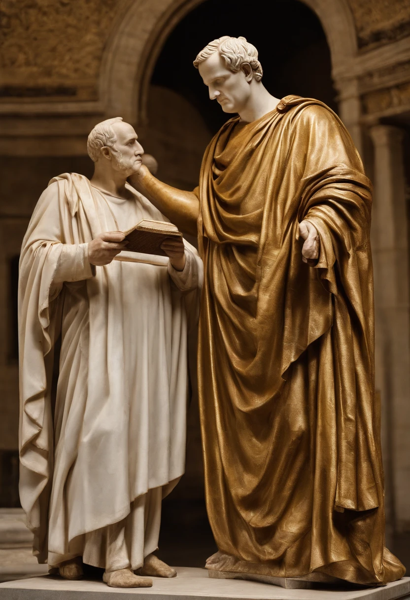 A photo of Cicero examining a mosaic depicting the virtues of justice and wisdom.,Roman Republic,Marcus Tullius Cicero has a slender and tall build with a prominent forehead and high hairline. He has a long, thin face, a straight nose and a sharp chin. He has expressive and animated facial expressions. Meticulous in his appearance. Often wears a Roman Toga. He pays attention to his hair and beard.