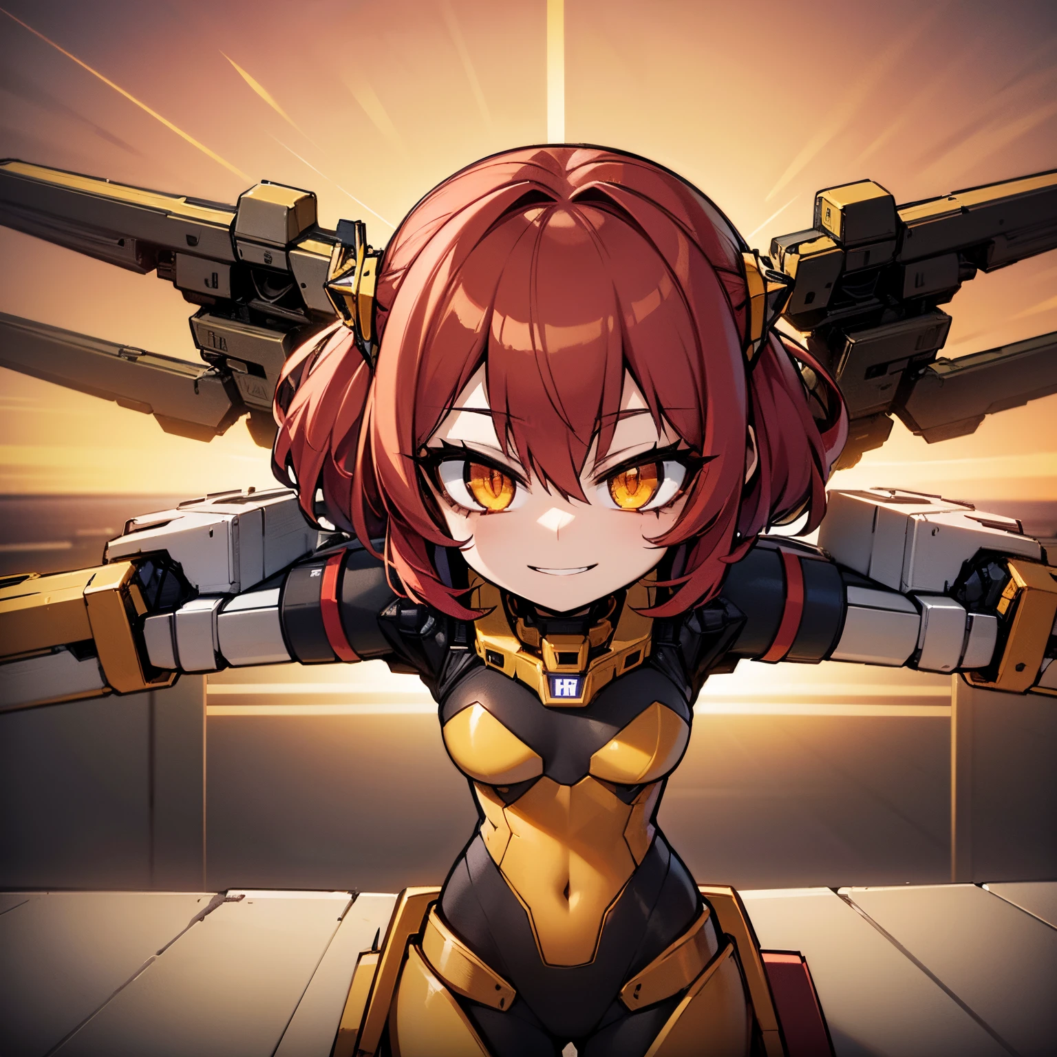 1Girl, red hair, medium hair, yellow eyes, smiling, robot girl, mecha girl, red metal armor, iron wings, holding a rifle, robot floating, sunset, orange sky, 4k, masterpiece, HD