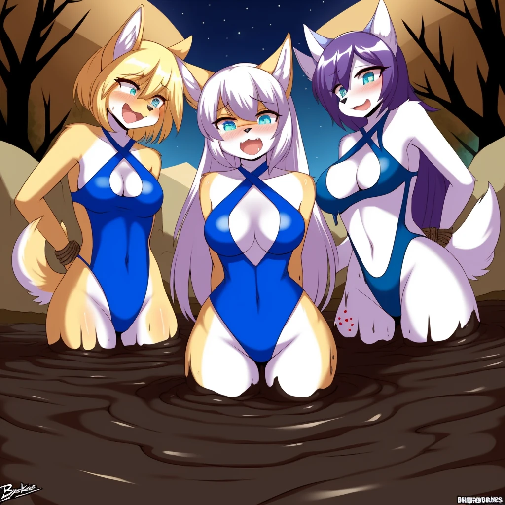 furry, fur, tail, anthro female, female furry, full body, cameltoe, 5girls, 5 girls tied up, 5 girls bondage, multiple subjects, group, team, adult female, group shot, cocker spaniel girl, borzoi girl, jackal girl, Arctic wolf girl, coyote girl, closed up, open mouth, furry, anthro, adult, adult breasts, breasts, medium breasts, aroused, lesbian, yuri, scream, group, multiple girls, group bondage, group tied up, looking at viewer, cum, bound, desert, dune, tar pit, rock, sinking, wet, hot, sinking in tar pit, peril, wading, partially submerged, closed up, open mouth, scream, bondage, restrained, front view, standing, twintails, looking at viewer, group tied up, group bondage, restrained, front view, standing, long hair, bangs, rope, wince, standing, arms behind back, casual one-piece swimsuit, slip, bound arms, bang, bottomeless, cowboy shot, group shot, group sinking in tar, submerged, group submerged in tar, 5 girls sinking in tar, groups sinking, white one-piece swimsuit, clothing cutout, dutch angle, drowning, submerged, portrait, upper body, mud on breasts, mud on face, night, night sky, bubbles on tar, dark quicksand, dirty, 5 girls together, 5 girls covered in tar, 5 girls gurgling, asphyxiation, temples, sacrificie, (masterpiece)), ((detailed fur)), ((detailed shading)), ((beautiful render art)), by burgerkiss, ahegao, pleasuring,