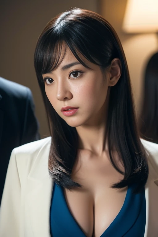 A girl of Arab Asian descent wearing a blue jacket and skirt strikes a pose for a photo, with a generous cleavage in an open jacket. She has a defined cleavage on her chest. She has a Japanese appearance and resembles the artist Yoshitomo Nara. The scene takes place in a virtual reality metaverse, specifically designed for middle-aged adults. The model is a famous Japanese fashion model, Sakimi-chan, who is 38 years old. She portrays a strict and authoritative character involved in a legal dispute. There is also a Korean woman wearing business attire in the background. The overall image should depict a gorgeous and young Japanese woman in a stylish outfit.
The medium of the artwork is an illustration, combining elements of oil painting and 3D rendering. The image quality should be the best, with a resolution of 4k or 8k, resembling a masterpiece. The details in the artwork should be ultra-detailed and realistic, resembling a photograph with vivid colors and professional-grade studio lighting. The style of the image follows a portrait style, capturing the essence of the characters. The color tone has a cool and vibrant touch, creating a visually appealing contrast. The lighting emphasizes the subject's features and creates a captivating atmosphere.