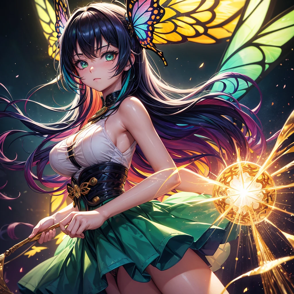 1girl in, masutepiece, ighly detailed, ((Cinematic lighting)), (blazing), ((Dramatic Lighting)), ((Beautiful detailed glow)), intricate detailes, Lens Flare, multicolored hair, rainbow hair, Long hair, multicolored dress, butterfly hair ornament, butterflys, (light Particle), arms behind back, Large breasts, [Curve], Cowboy Shot, lightsmile, Green eyes, chies, stain glass, Spotlight, Dark background, Floating hair, Floating hair, Looking at Viewer,((Colorful))