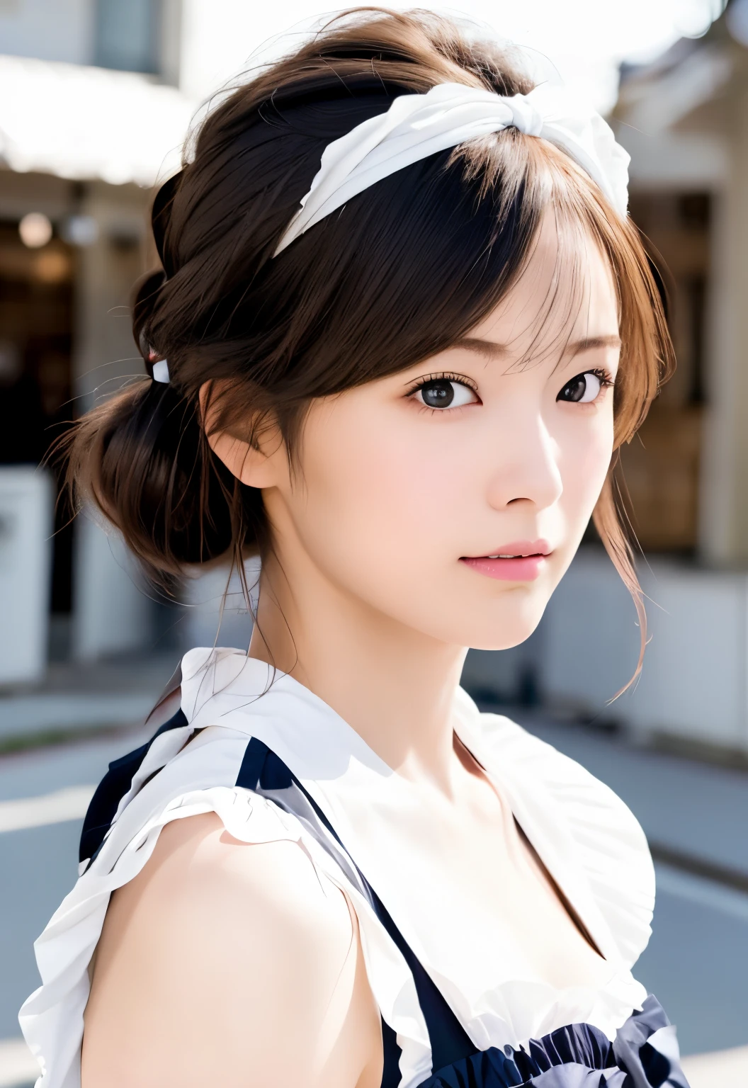 8K, of the highest quality, masutepiece:1.2), (Realistic, Photorealsitic:1.37), of the highest quality, masutepiece, Beautiful young woman, Pensive expression,、A charming、and an inviting look, Cute Maid Clothes, Hair tied back, Cinematic background, Light skin tone