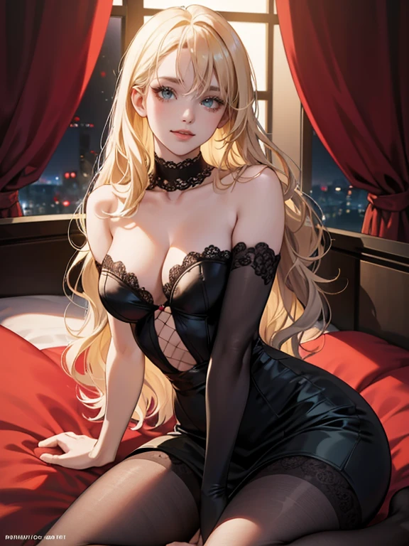 mature woman, medium breasts, pale blonde hair with bangs, wavy hair falling down the shoulders, sharp green eyes, red lips color, make up, expression: evil smile at the viewer, naughty face, Surrealism, anime style, depth of field, 8k, super detail, high details, Cinematic lighting, night time, shadow over face, Close-up, camera from the bottom up, hyper HD, Masterpiece, High details, detailed light, detailed shadow, detailed background. wearing dominatrix outfit and black fishnet stockings, background: bedroom