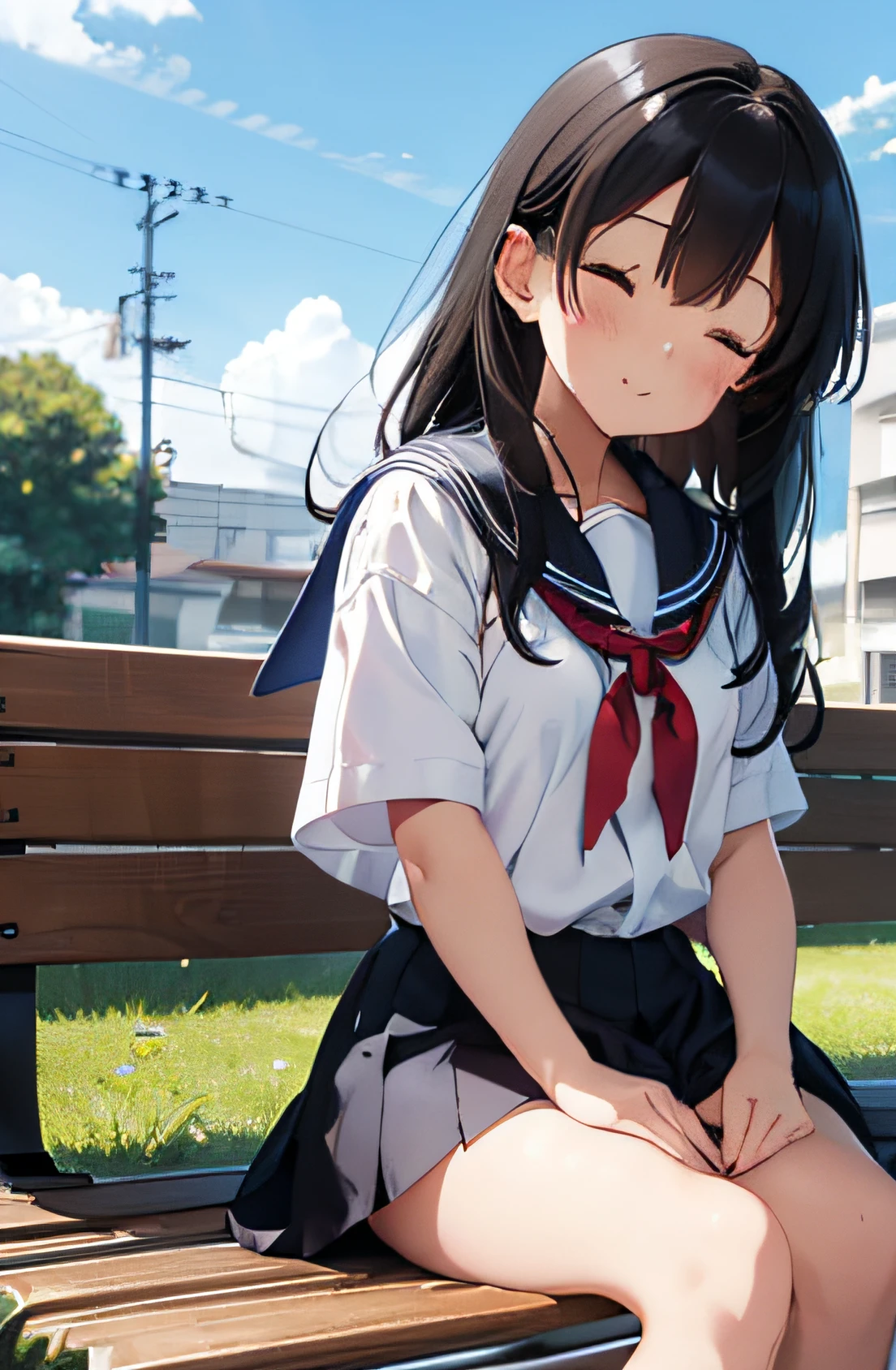 hi-school girl、Eyes closed、Kissing、Sitting on a park bench、summer clothing、White sailor suit on top、The skirt is black、Plain but cute、cabelos preto e longos、The illustrations are in the style of romance manga or anime..♪