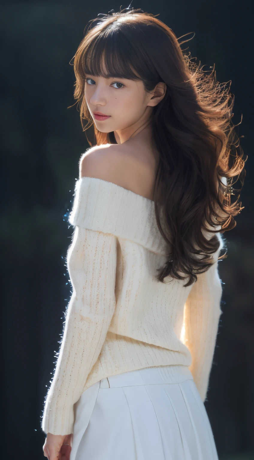 ((back to look back)), (((Full body lesbian))), ((actual)), ((from back, from below)), ((off-the-shoulder clothes)), beautiful young girl, Beautiful Korean model, Long blonde hair, curlies, through bangs, (Thin leg), (cold light, natta, starrysky), (at winter season, nevando). ((whitesweater, black short skirt), detailed scene, the detail,ultra - detailed, (correct hand), (Anatomical correct), (Best quality,tmasterpiece)