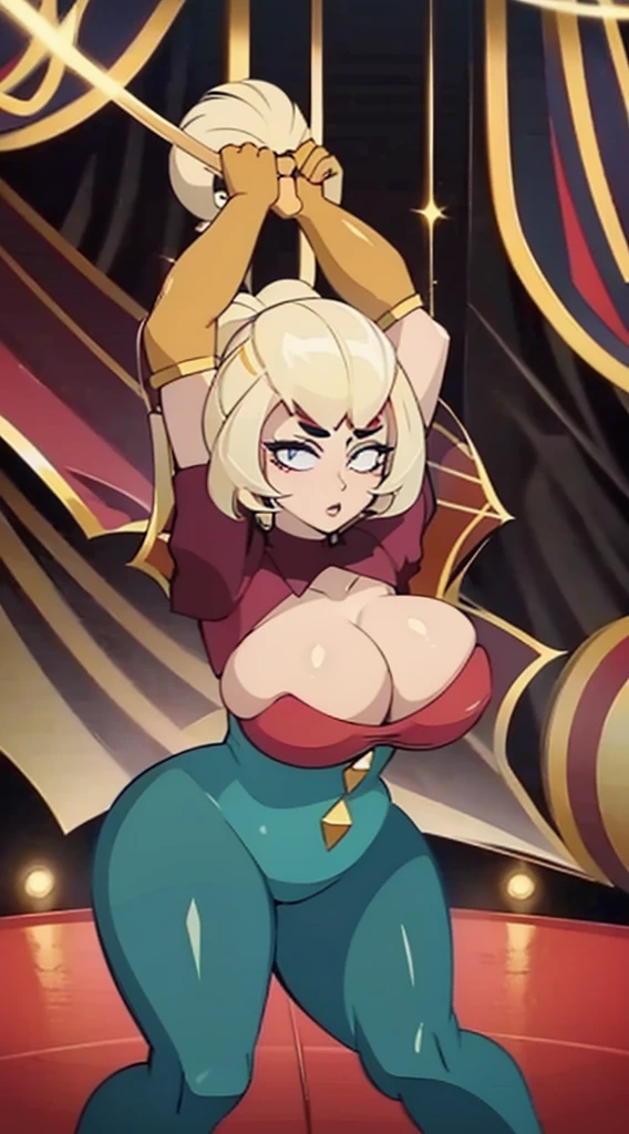 a beautiful blonde lady milf, 30 years old, huge breasts, in a low-cut circus outfit, her thighs are thick and stuck to her pants, her gaze is sexy and penetrating, her hair is tied up, she is in the middle of a circus performance.