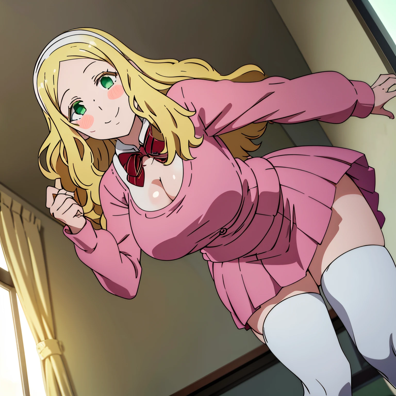 POV, (front), thighs, collarbone, (masterpiece), wallpaper, 1 girl, solo, pink sweater, cleavage, long sleeves, red bow tie, , Carol Olston, NSFW, wide angle, 1 girl, alone , curly hair, blonde hair, long hair, locks of hair hanging on both sides, white headband with pink bow, short skirt, black skirt, white stockings above the knee, red loafers, blushing, medium hips, medium waist, standing , , green eyes, medium hips, makeup, wide thighs, night, big breasts, medium waist, provocative, alone, smiling, night light entrance window, night,