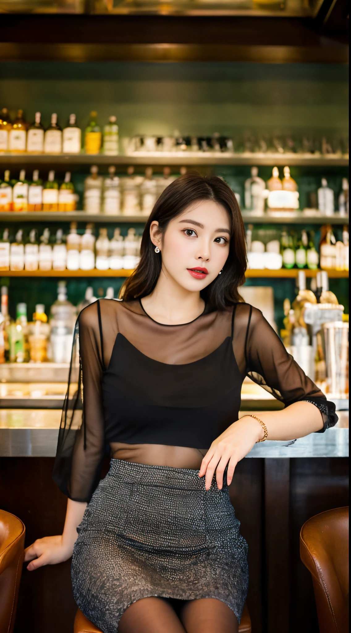 ulzzang -6500-v1.1, (Raw photo:1.2), (Photorealsitic), (See-through:1.3), (Real:1.4), upper class bewitching woman、１femele、luxury silk blouse:1.2, (Ultra-realistic pantyhose:1.2), No skirt、Sit at the bar counter、Cross your legs、Inviting look、