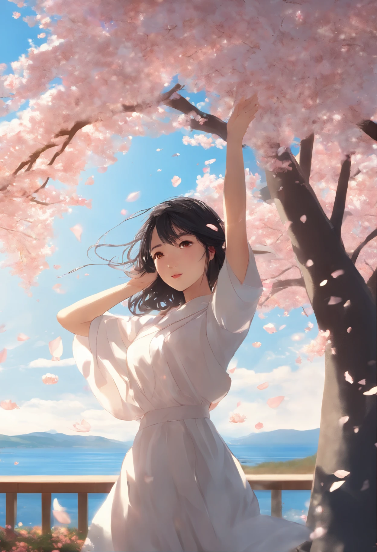 1girl,black hair, Floating hair, seaside, scenery, landscape, cherry blossoms, Falling petals, sunbeam light, god rays, upper-body