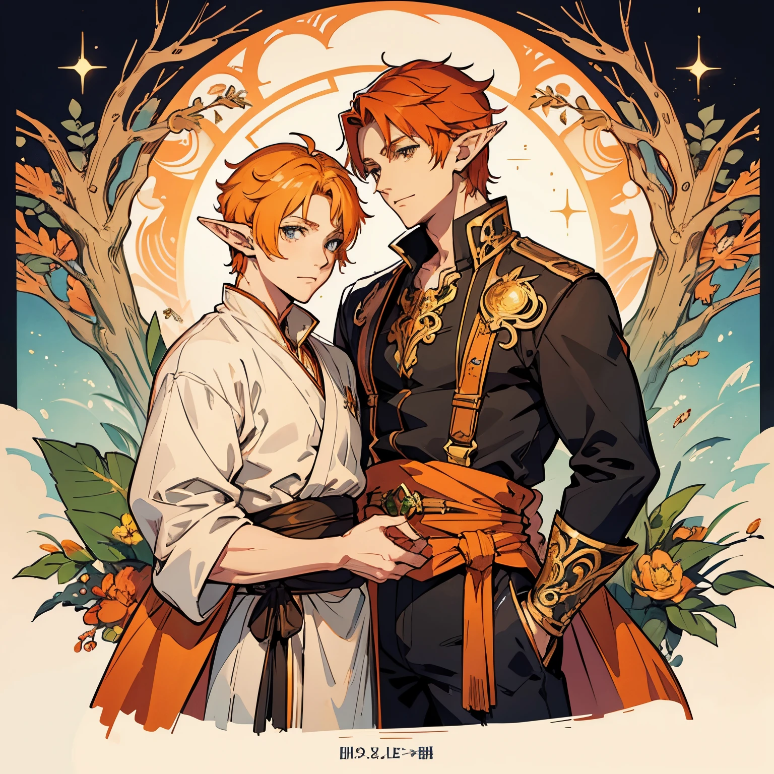 beautiful elf man、Pointed ears、Orange hair、a handsome、anime illustrated、art nouveau