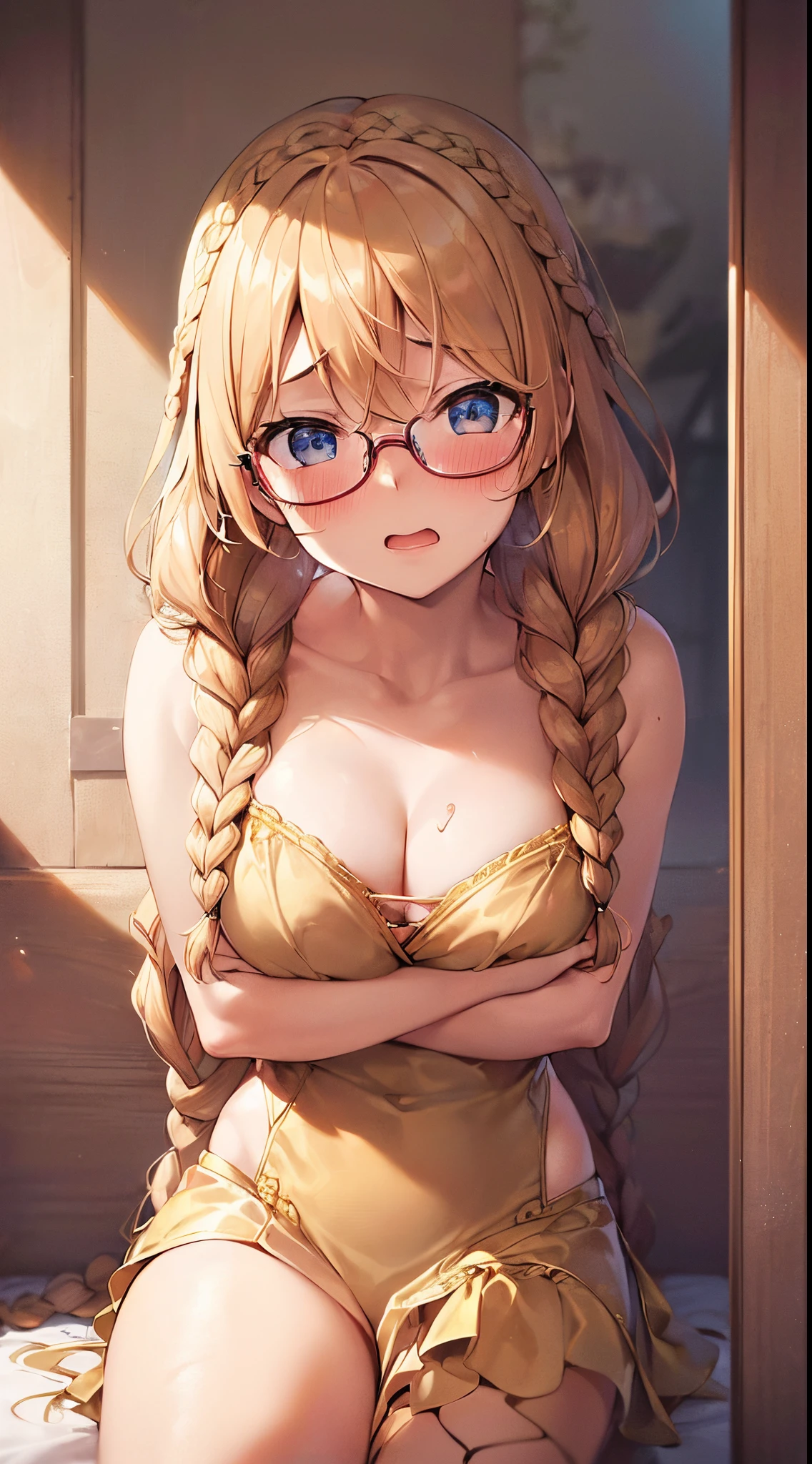 1womanl,Golden head hair, ,((Impatient expression)),Beautiful breasts,The bikini,well-styled,,(Facing the front)(((Blushing cheeks、Surprised look)),(((Braids))),((( Portrait from the knee up)))Frameless glasses,Blue eyes,(Bangs are aligned)((()))((Mouth open))