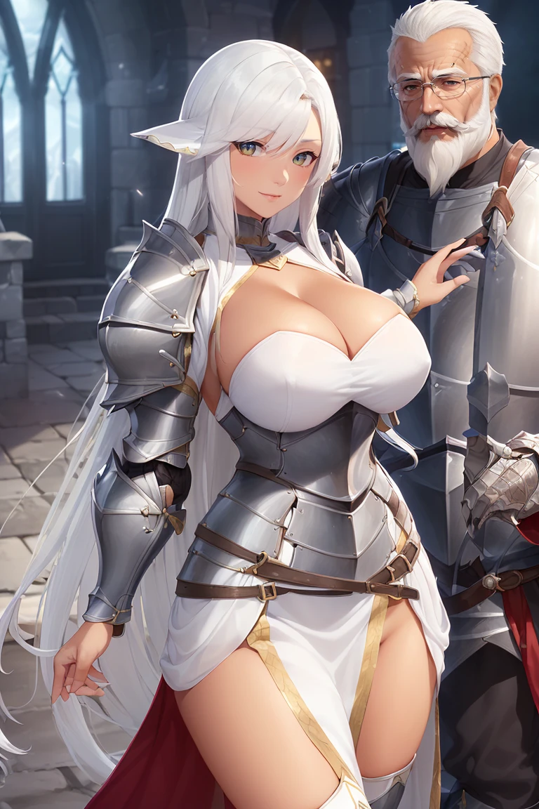 (((scantly clad, white long hair, very busty, female, mature milf, white mage accompanying her beloved:1.5)), ((aged male bearded dark skinned veteran knight in dark armour:1.5)), ancient sanctum, ((accurate fingers)), detailed fingers, ((detailed background)), detailed environment, ultra-detailed face, perfect face, perfect eyes, perfect anatomy, extremely detailed beautiful eyes, shiny eyes, detailed hands and fingers, detailed, cinematic lighting,
